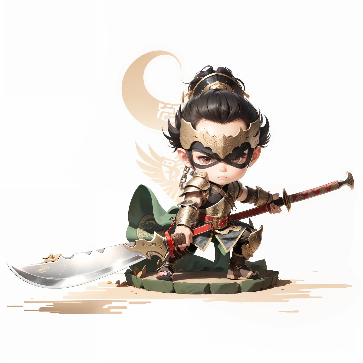 male people,Male characters,tchibi,Bad,Green Dragon Moon Knife,Big knife weapons,The handle has a delicate pattern,Flowing hem,Shoulder blades,metal breastplate,chainmail,Animal pattern cuirass,chest plate,Bracers,China-style,Chinese-style clothing,Chinese shoes,There are beautiful patterns on the weapon grips,Refinement,Fine painting,Refinement,infinite details,high definition detail,Delicate belt,Belt accessories,Male characters,Blindfolds,Black color hair,Patterned,Pattern,Blank background,Bright colors,Metal edging