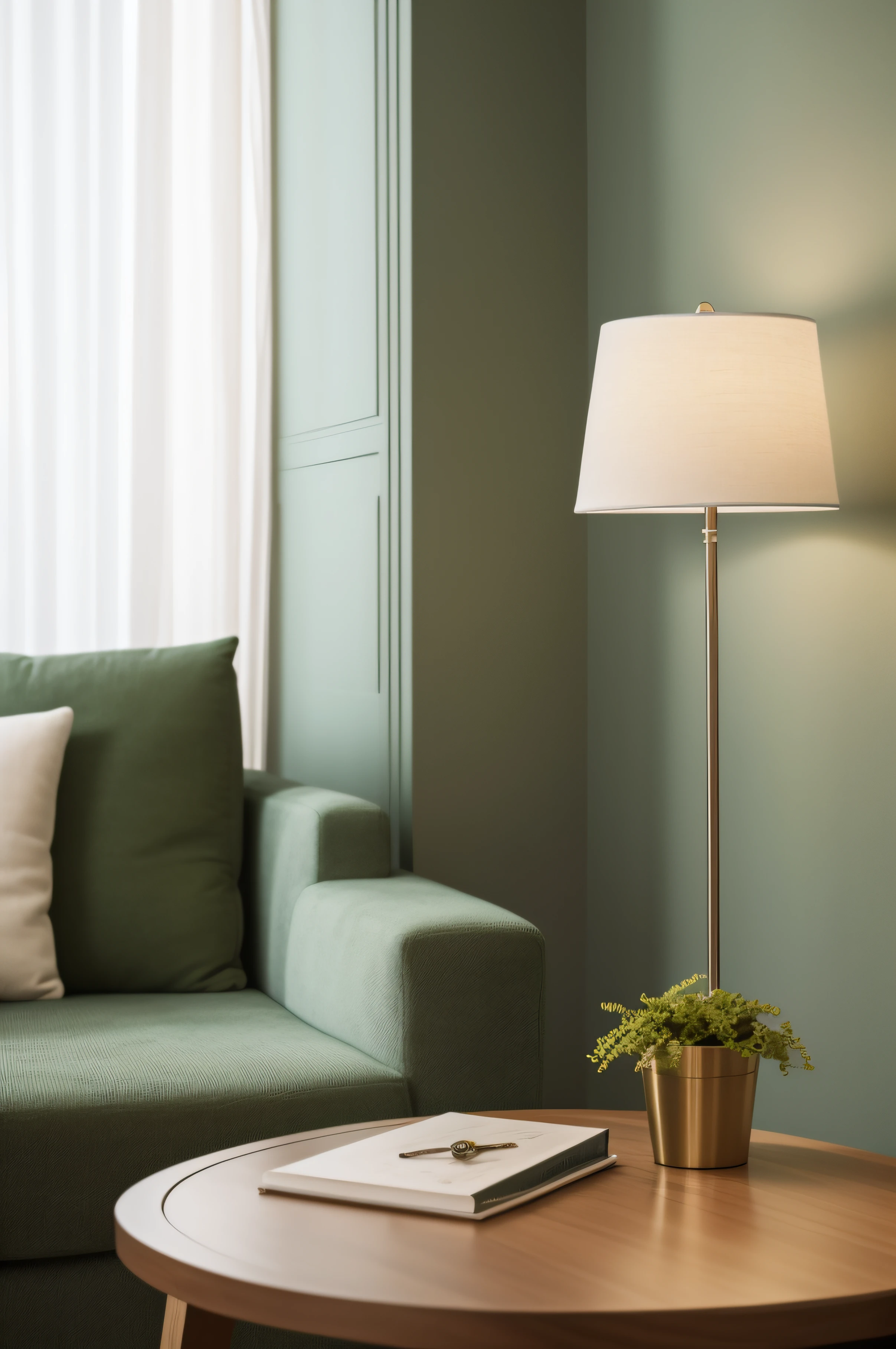 Close-up of a lamp on the spacious table next to the sofa,frontage,Bright surroundings,Detailed details,Sunlight pours into the windows from the side,Cold dead style,More textured,Realiy,the detail,Textures are more realistic,Realphotos,A green plant