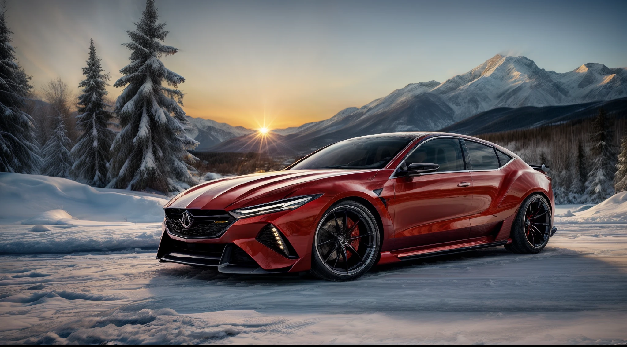 An insanely detailed photograph of a concept car (if hell was a car) 3000hp top speed of 400MPH,red and black, lowered suspension, wide wheels, wide fender flares , stances, stretched tires,Toyo tires, parked on snow, sun setting over some snowy mountains in the distance, cinematic light, soft light, backlit, micro-details, photorealism, photorealistic