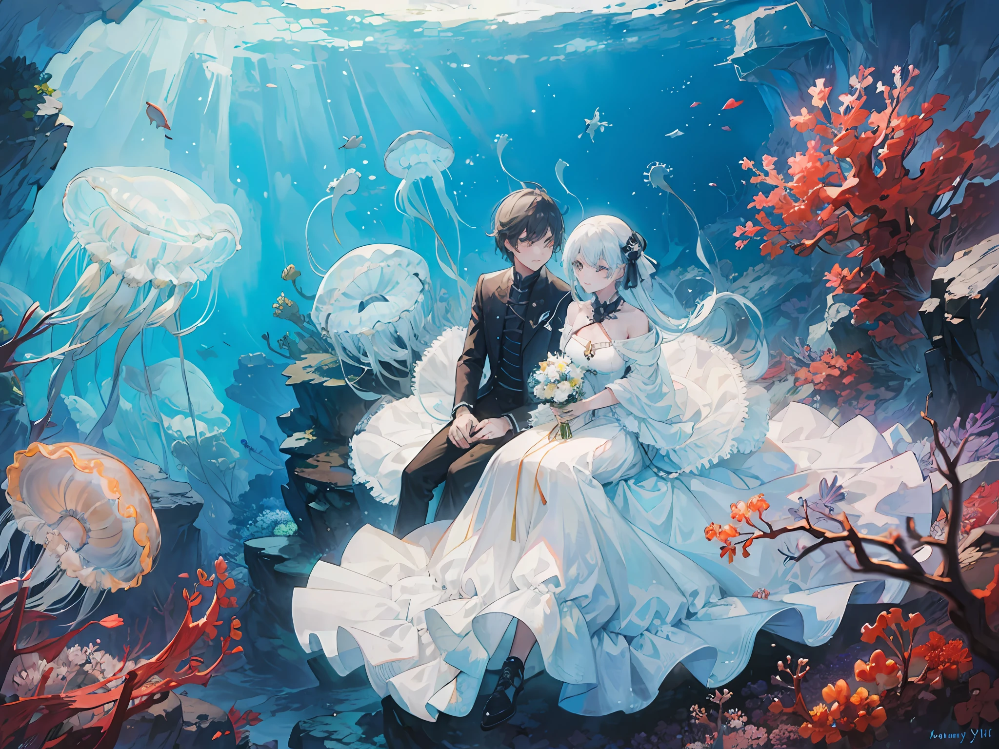 A scene of best quality, masutepiece, Very detailed, 8K, wallpaper and fantasy quality, BREAK showing undersea environment, BREAK where (a young couple :1.8), (many jellyfishes :1.4) And (fishes :1.2) are present, Resting couple sitting on a rock at the bottom of the sea、They stare at each other, BREAK with cool colors, cold color, Calm atmosphere, Wide Shot, 28mm and bird's eye view effects.