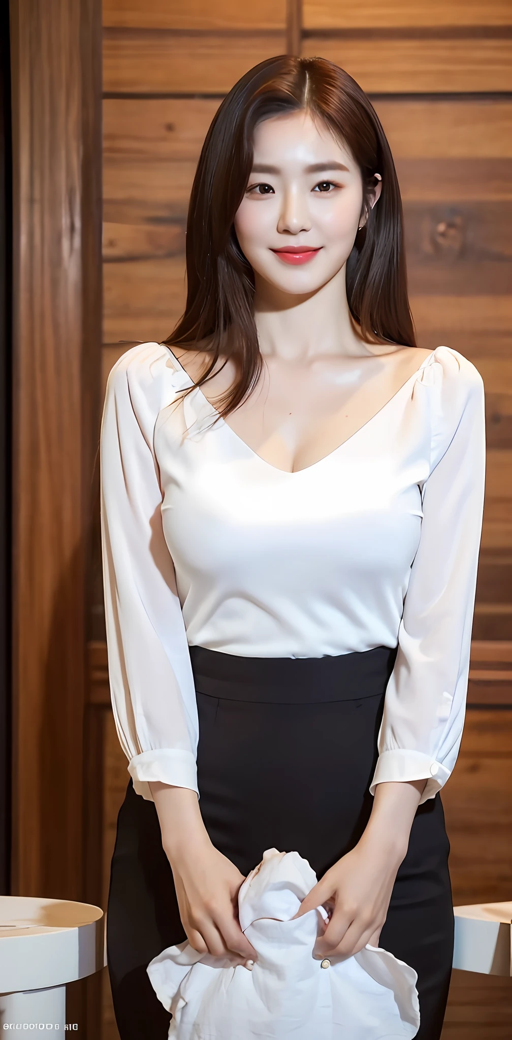 ((Best quality, 8k, Masterpiece :1.3)), 1girl, beautiful woman with emphasis on plump abs: 1.3, full body, (dark brown hair, big breasts: 1.2), (white blouse), bent over, ultra-delicate face, delicate eyes, double eyelids, smile, home,