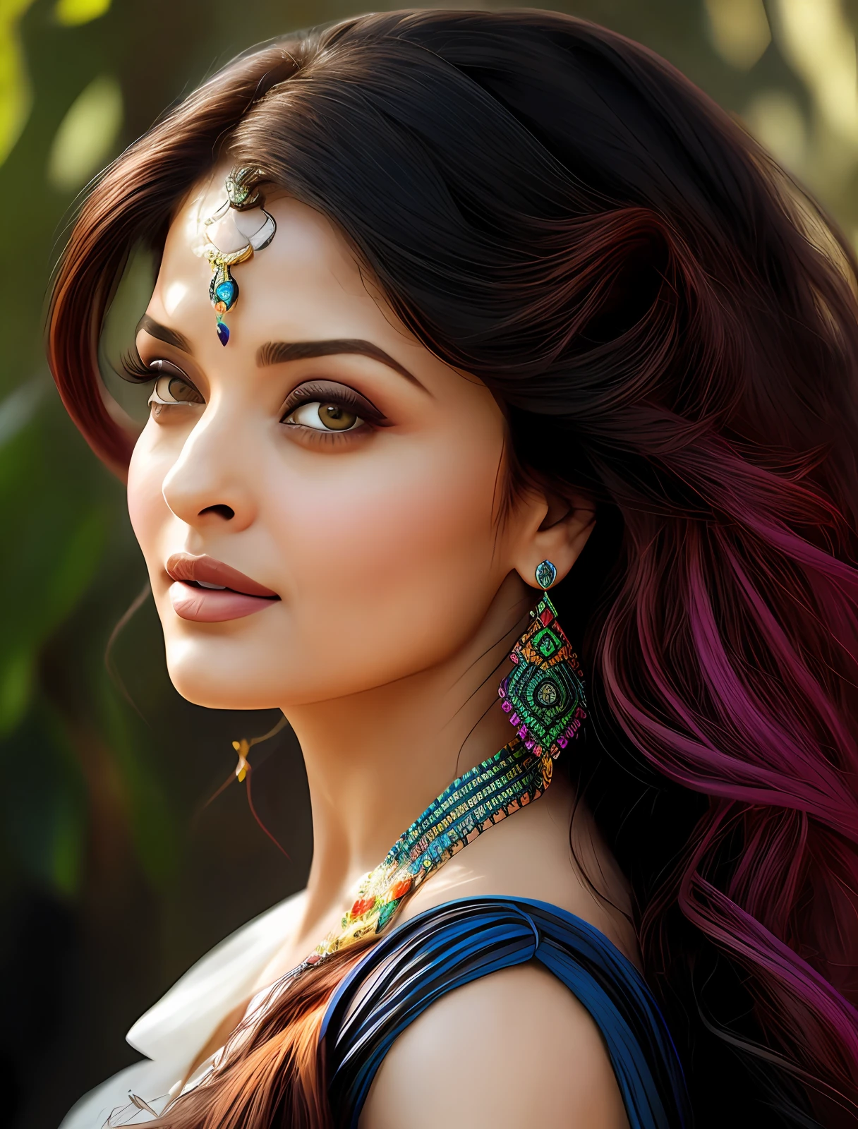 Aishwarya Rai, beautiful (zxzxasli:1.2), intricate colorful hair with , sunlight, beautiful lighting, vibrant lighting, intricate, highly detailed, elegant, smooth, by Ruan Jia and Artgerm and Anton Fadeev
,