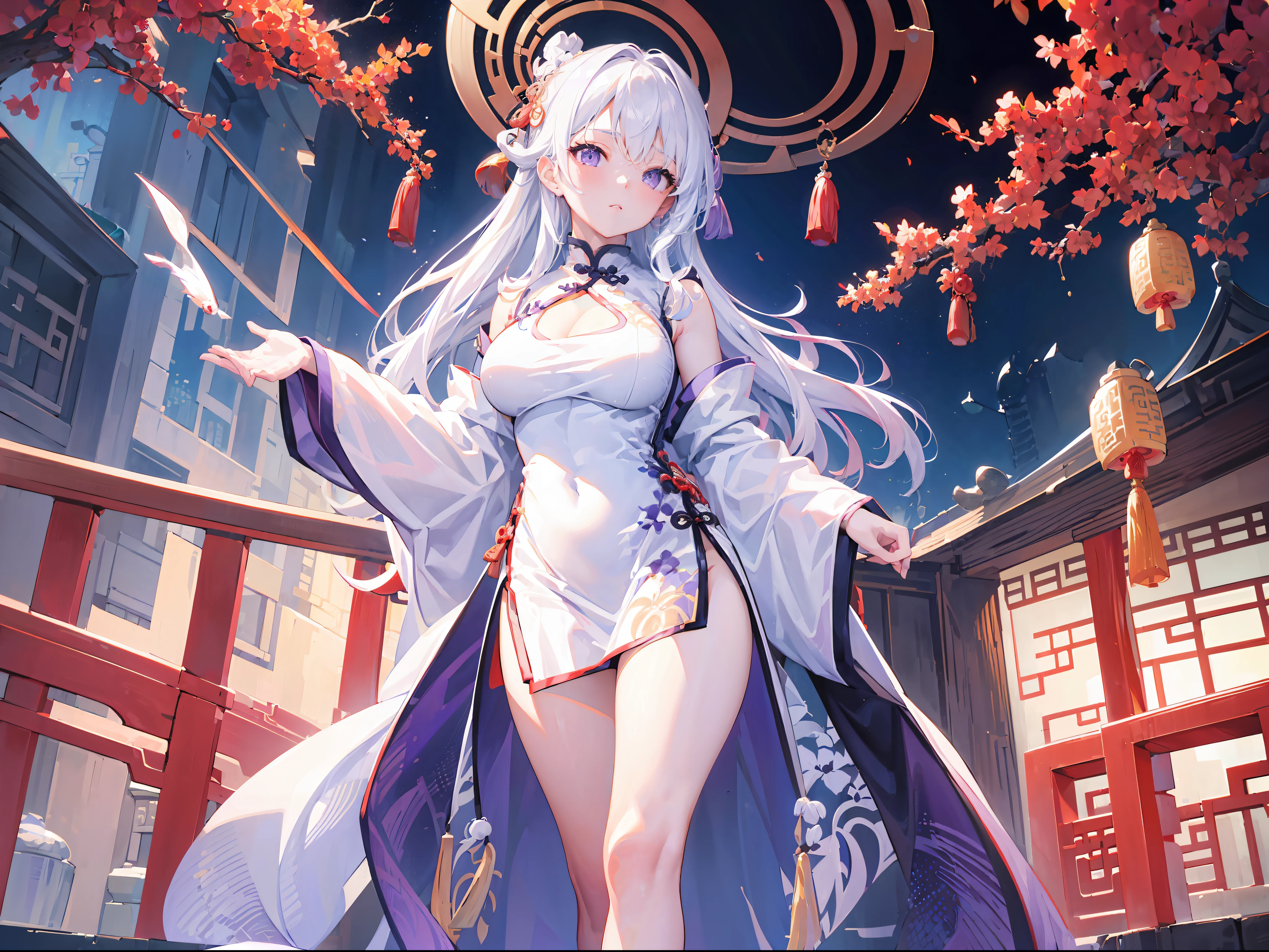 【(white background:1.5)::5】, (mid shot:0.95), (full body:1.25), Dynamic angle, 【Bottle bottom】,(fisheye:1.4), (falt color:1.3),colorful,(masterpiece:1,2), best quality,extremely detailed cg 8k wallpaper,best quality, masterpiece, highres, original, extremely detailed wallpaper, (solo:1.5),Detailed and baeutiful face,
1girl,solo,white hair,purple eyes, bare shoulders,big breasts,looking at viewer, (china dress:1.5),cleavage, (standing:1.3),outdoors,