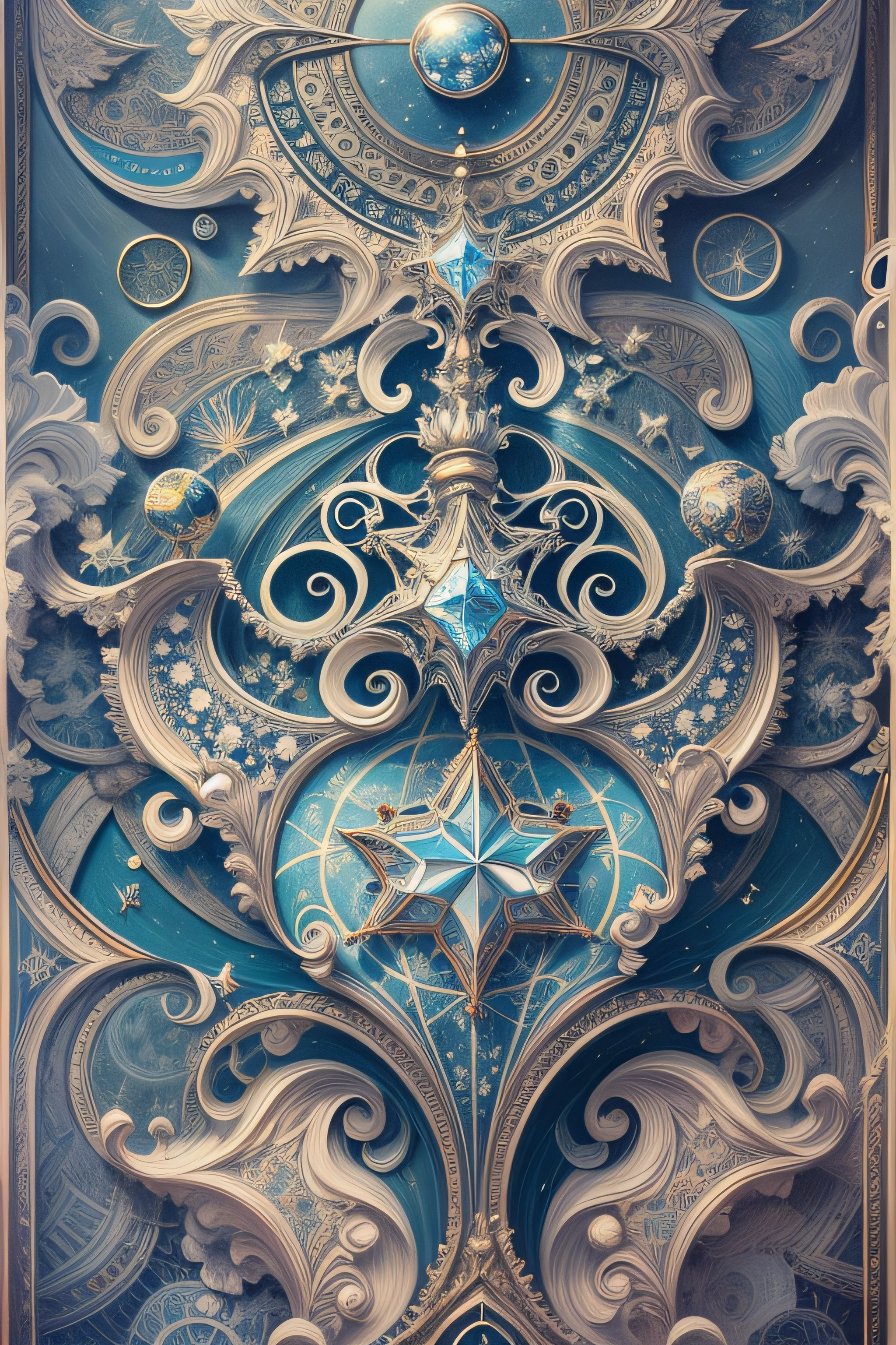 estrela de cinco pontas, magia, simetria, maths, renascentista, oil painting, 2d canvas, altamente detalhado, intricado, classic paint, blue monochromatic, cristal, ornamentado, circles, Gothic ornament, plano achatado