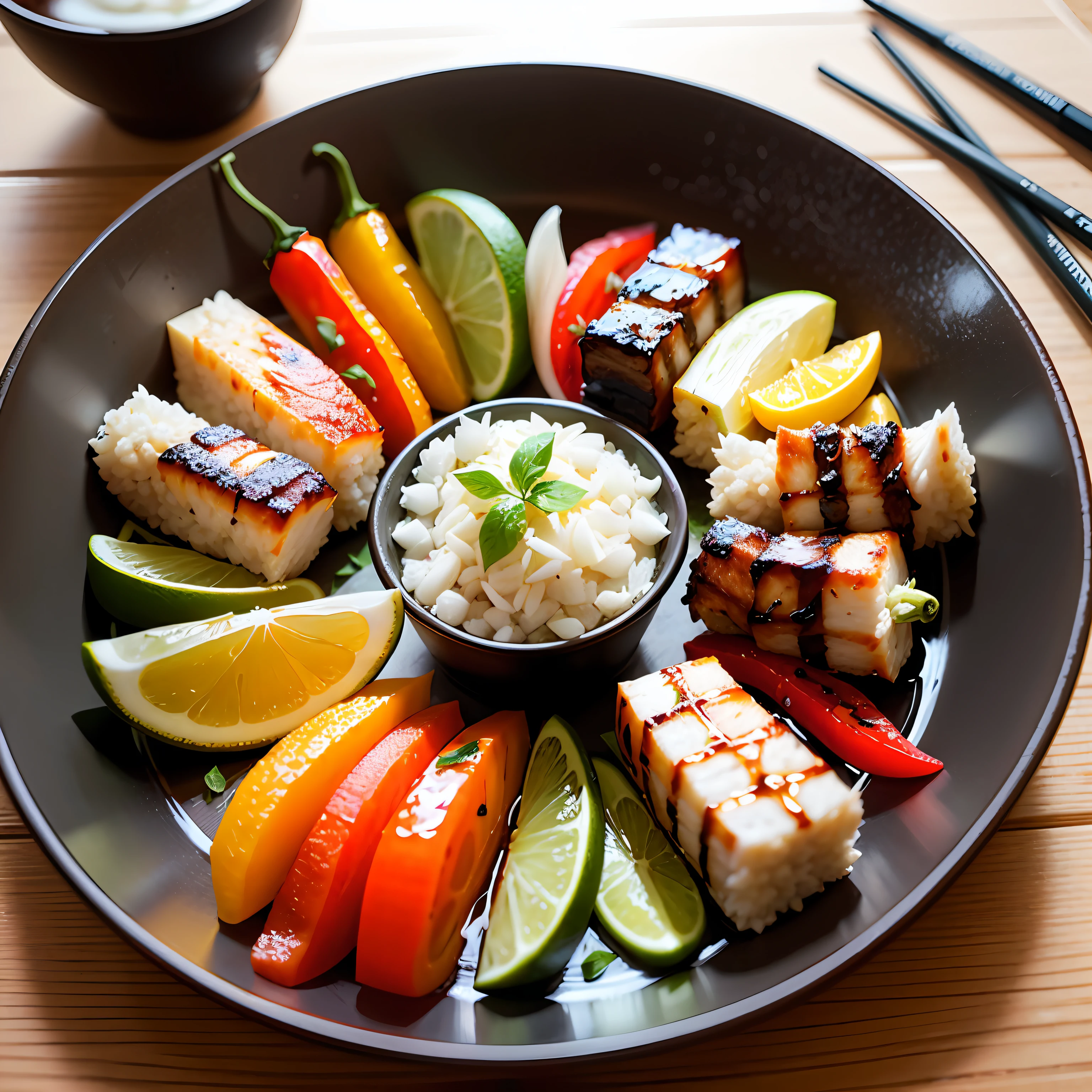 Crie uma capa de ebook com uma imagem realista de um prato de yakitori, com espetos de frango grelhado cobertos com uma variedade de molhos e temperos. Adicione detalhes realistas, as small pieces of onion and peppers, to create an authentic and appetizing image