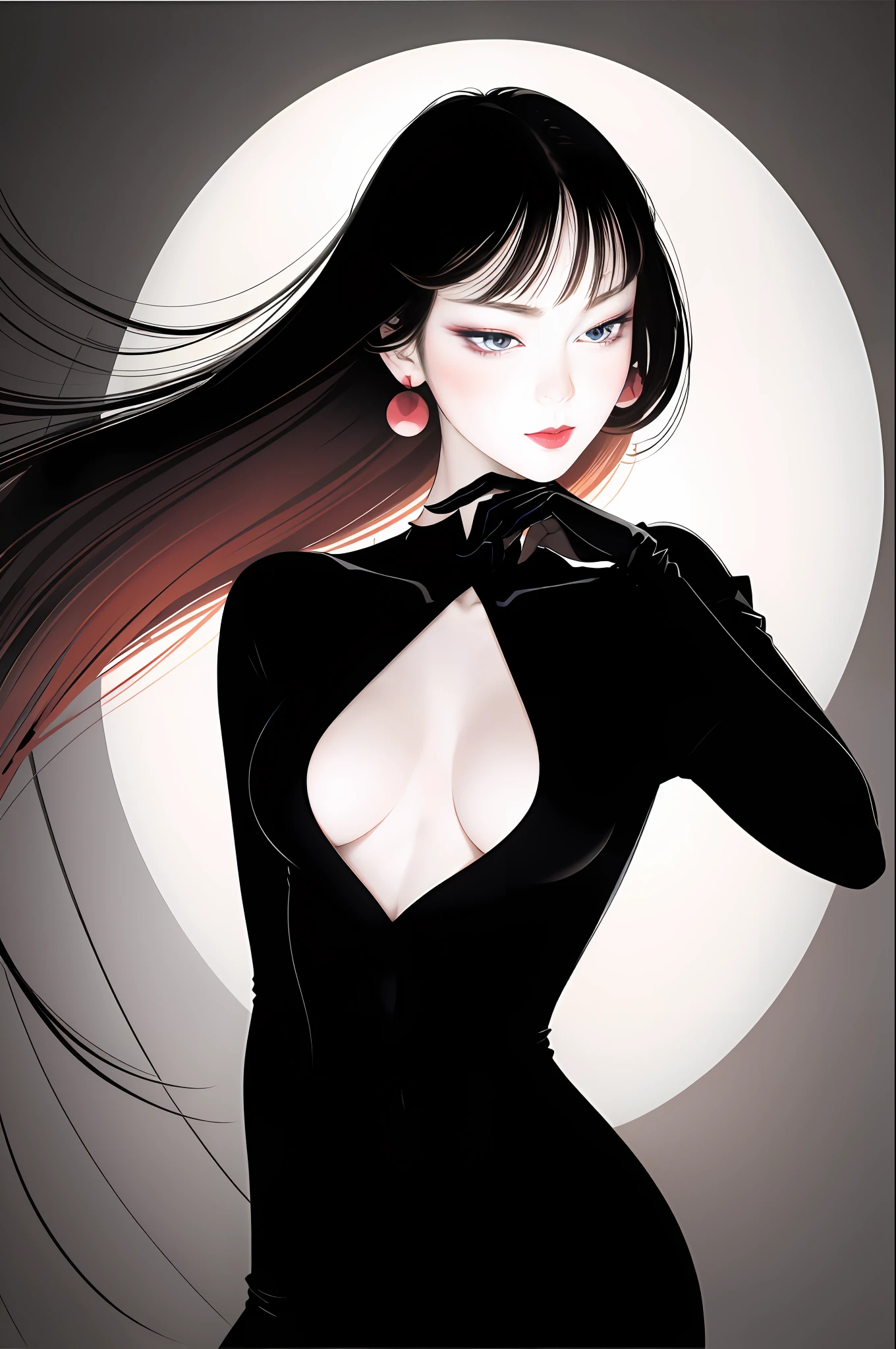 tsuruta ichiro, Narrow-eyed, 1girl in, Allback、deadpan、short-hair、shorth hair、brow、Reluctance、A dark-haired、Tucked Hair Solo, Cowgirl, Onepiece, ((mideum breasts)), Thin slit eyes、Black eyes, Light shines on the eyes、Black hair, gloves, Dress, Luxurious Jewelry, earrings, sharp eye、 elbow groves,Raise your hands and tie your hair back, random color, random color dress, Makeup for long eyes, Slender eyes、lip stick, Complex petal pattern, Rim Light, Back Light, pastel color,Studio Lighting