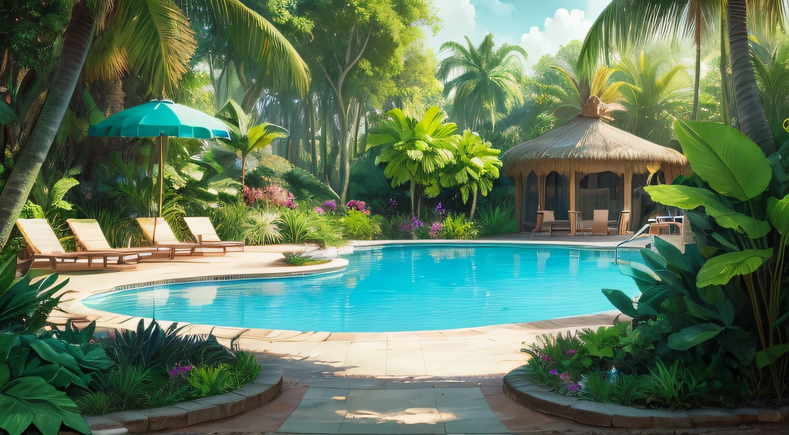 Cartoon style,Disney,jungles,Pool side,The background image has no portrait,a plant,outside --auto