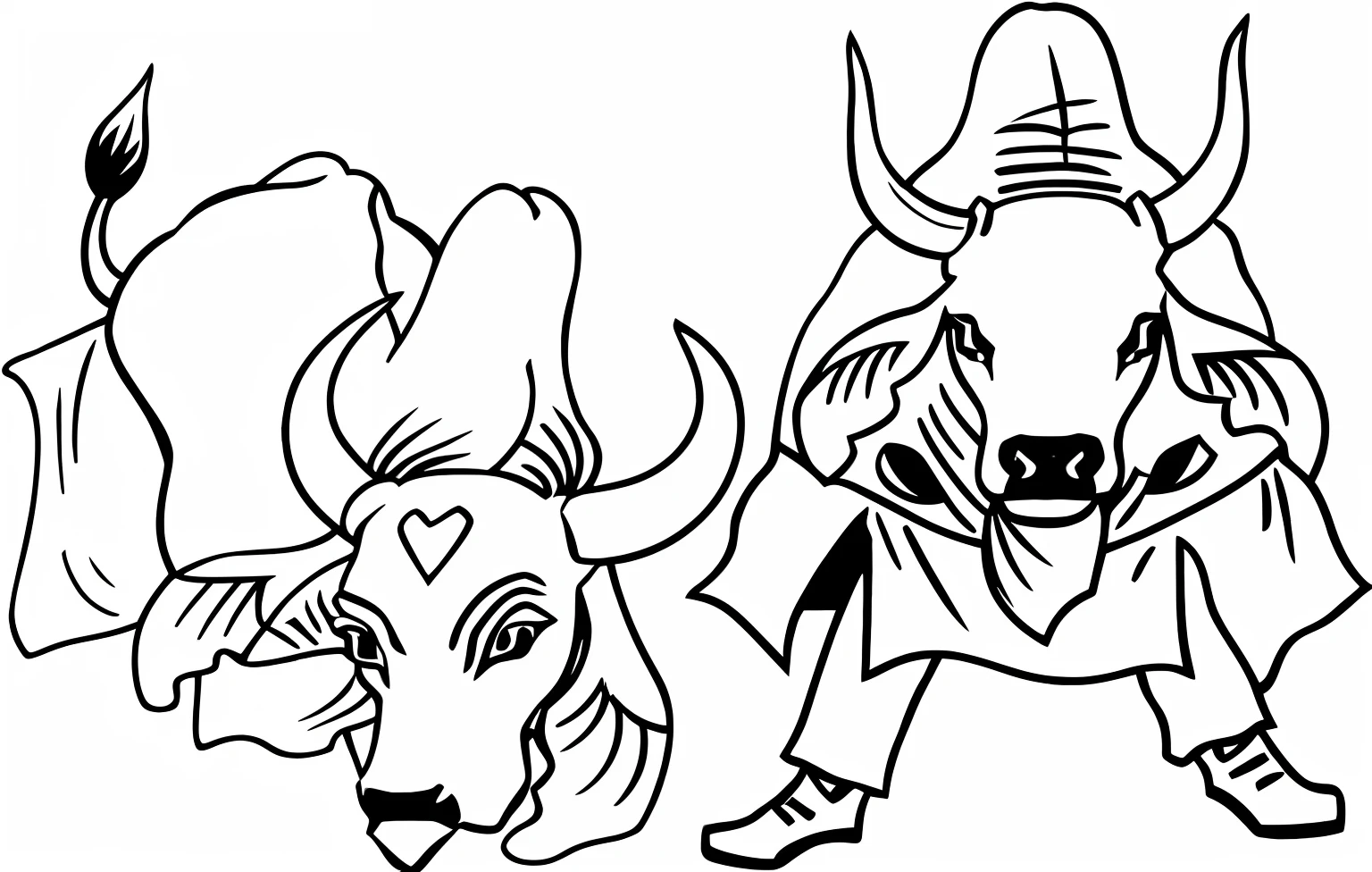 A drawing of a man and a cow are walking together, the spirit of the bull run, Touro, coloring book outline, humano vestido como um Touro, arte vetorial em preto e branco, um boi, bull head, arte de linha arrojada, desenhos para colorir, vetor preto e branco, half man half asian black bull, two small horns on the head, random cows, vaqueiro-3d 8k