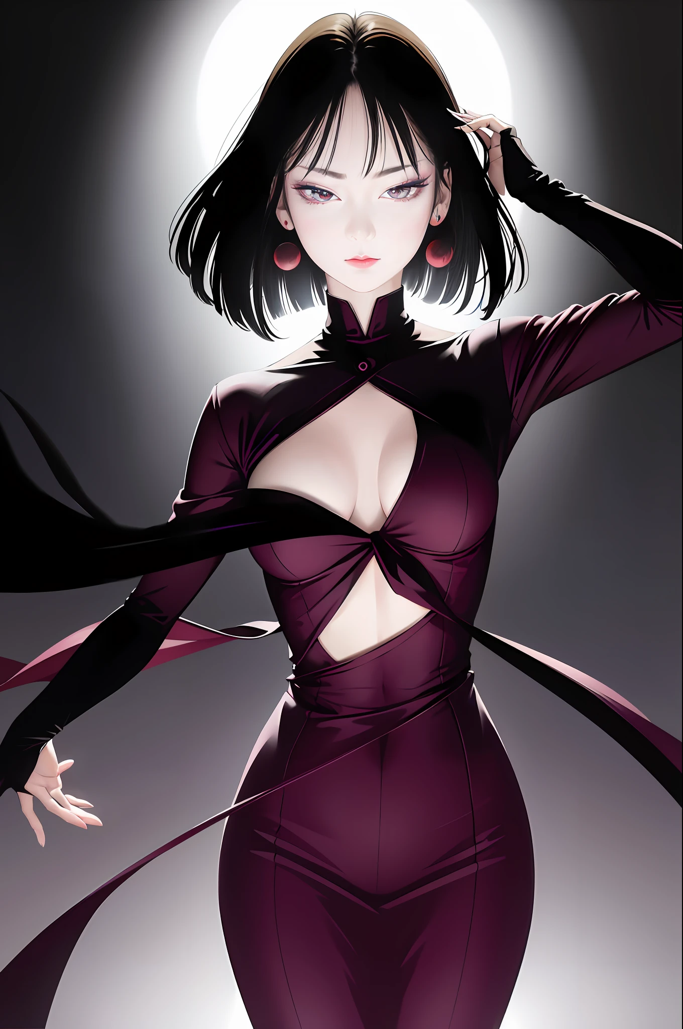 tsuruta ichiro, Narrow-eyed, 1girl in, Allback、deadpan、short-hair、shorth hair、brow、Reluctance、A dark-haired、Tucked Hair Solo, Cowgirl, Onepiece, ((mideum breasts)), Thin slit eyes、Black eyes, Light shines on the eyes、Black hair, gloves, Dress, Luxurious Jewelry, earrings, sharp eye、 elbow groves,Raise your hands and tie your hair back, random color, random color dress, Makeup for long eyes, Slender eyes、lip stick, Complex petal pattern, Rim Light, Back Light, pastel color,Studio Lighting