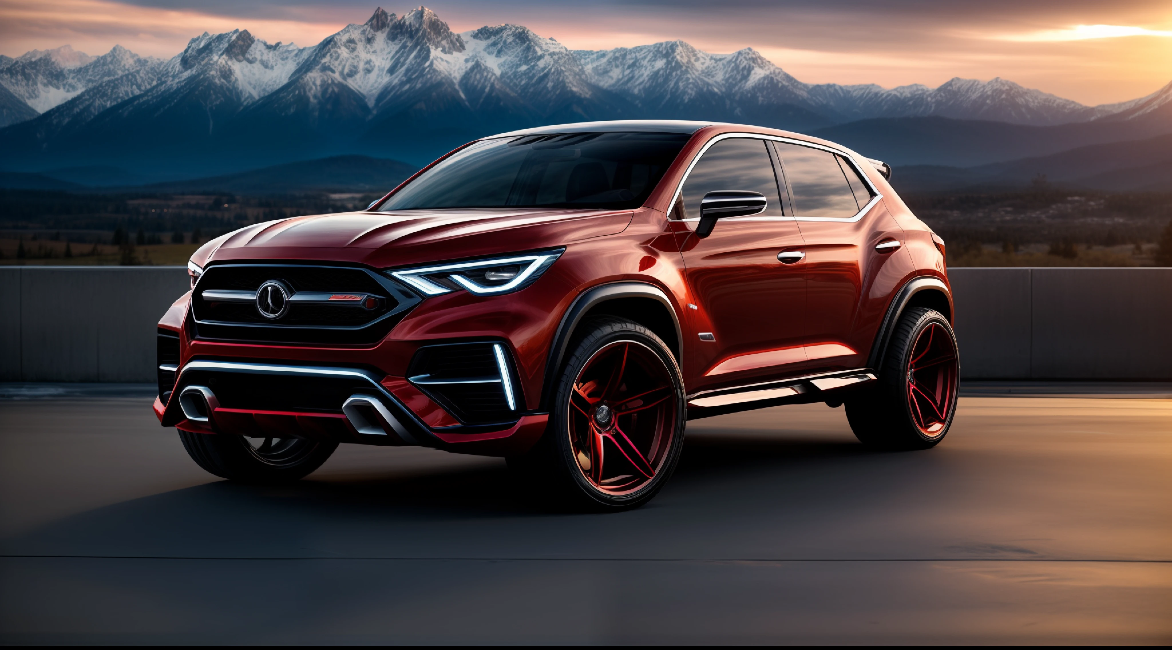 An insanely detailed photograph of a concept car (if hell was a car) red and black, lowered suspension, wide wheels, wide fender flares , stances, stretched tires,Toyo tires, on the top floor of a parking garage, sun setting over some snowy mountains in the distance, cinematic light, soft light, backlit, micro-details, photorealism, photorealistic