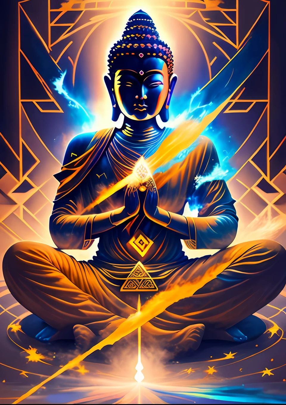 (Maitreya sitting meditation in 5th dimension world with buddha ((swastika:1)) symbol on the chest), meditating in the midst of chaos,  character render, ultra high quality model, ethereal background, abstract beauty, explosive volumetric, oil painting, heavy strokes, paint dripping, 1 man, magic lighting, enlightenment lighting, buddha, (buddha swastika symbol), nirvana,