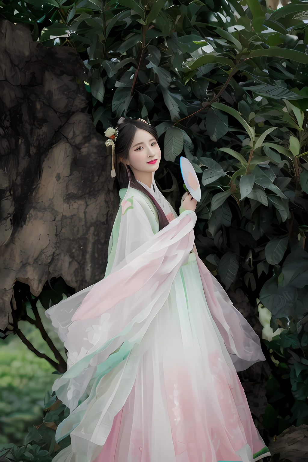 Arakfi woman in pink and green dress holding a fan, Palace , A girl in Hanfu, Hanfu, White Hanfu, Wearing ancient Chinese clothes, Traditional Chinese clothing, with acient chinese clothes, Wearing a luxurious silk cloak, Chinese costume, full-body xianxia, inspired by Tang Yin, Inspired by Lan Ying, Princesa chinesa antiga