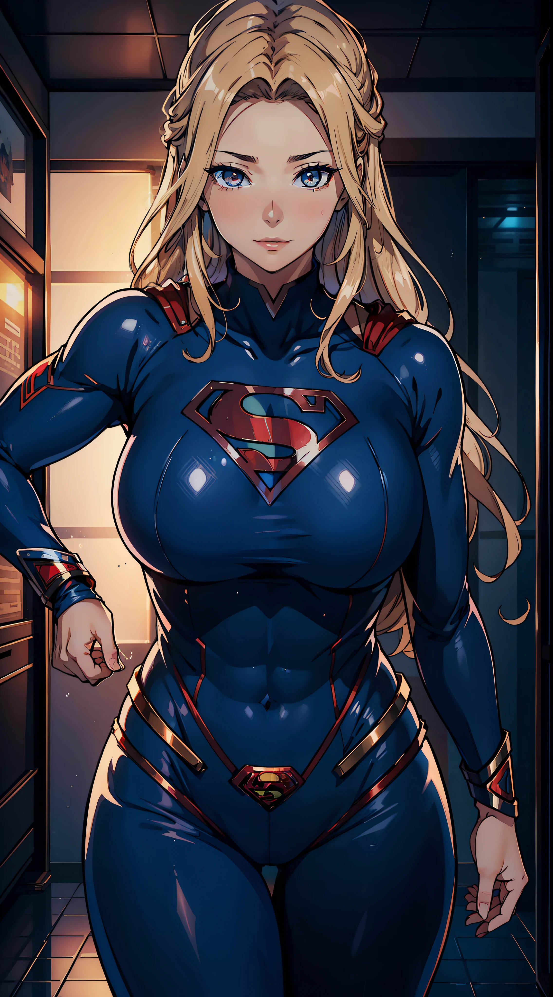 1female，35yo，Huge breasts， 独奏， Supergirl，Superman uniform，Dressed in blue cyberpunk style，red capelet，比基尼， Beautiful legs and buttocks ，the ocean，  She has long flowing blonde hair， ，Sateen，Bigchest， From the front side， Wet straight hair， Sweating profusely，mostly cloudy sky，（tmasterpiece），（Very detailed CG unity 8K wallpaper），best qualtiy，cinmatic lighting，detailed back ground，beatiful detailed eyes，Bright pupils，（Very fine and beautiful），（Beautiful and detailed eye description），ultra - detailed，facing at camera，A high resolution，ultra - detailed），Very long hair，standing on your feet，Emotive expressions，Smile，Chest sagging，Camel toes，with no underpants，extremely large bosom，Extremely colorful，Most detailed，fully body photo，The face is well lit