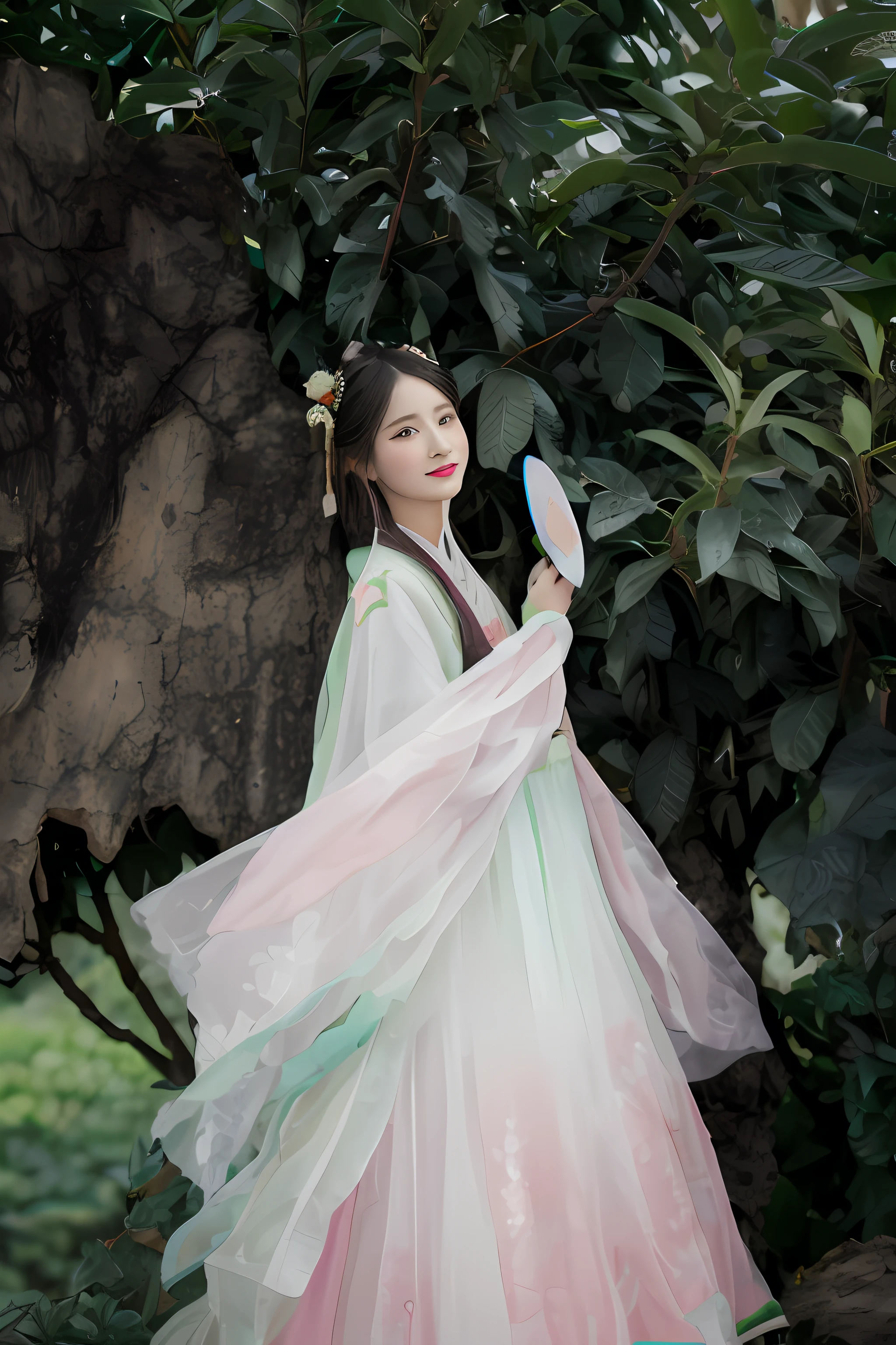 Arakfi woman in pink and green dress holding a fan, Palace , A girl in Hanfu, Hanfu, White Hanfu, Wearing ancient Chinese clothes, Traditional Chinese clothing, with acient chinese clothes, Wearing a luxurious silk cloak, Chinese costume, full-body xianxia, inspired by Tang Yin, Inspired by Lan Ying, Princesa chinesa antiga