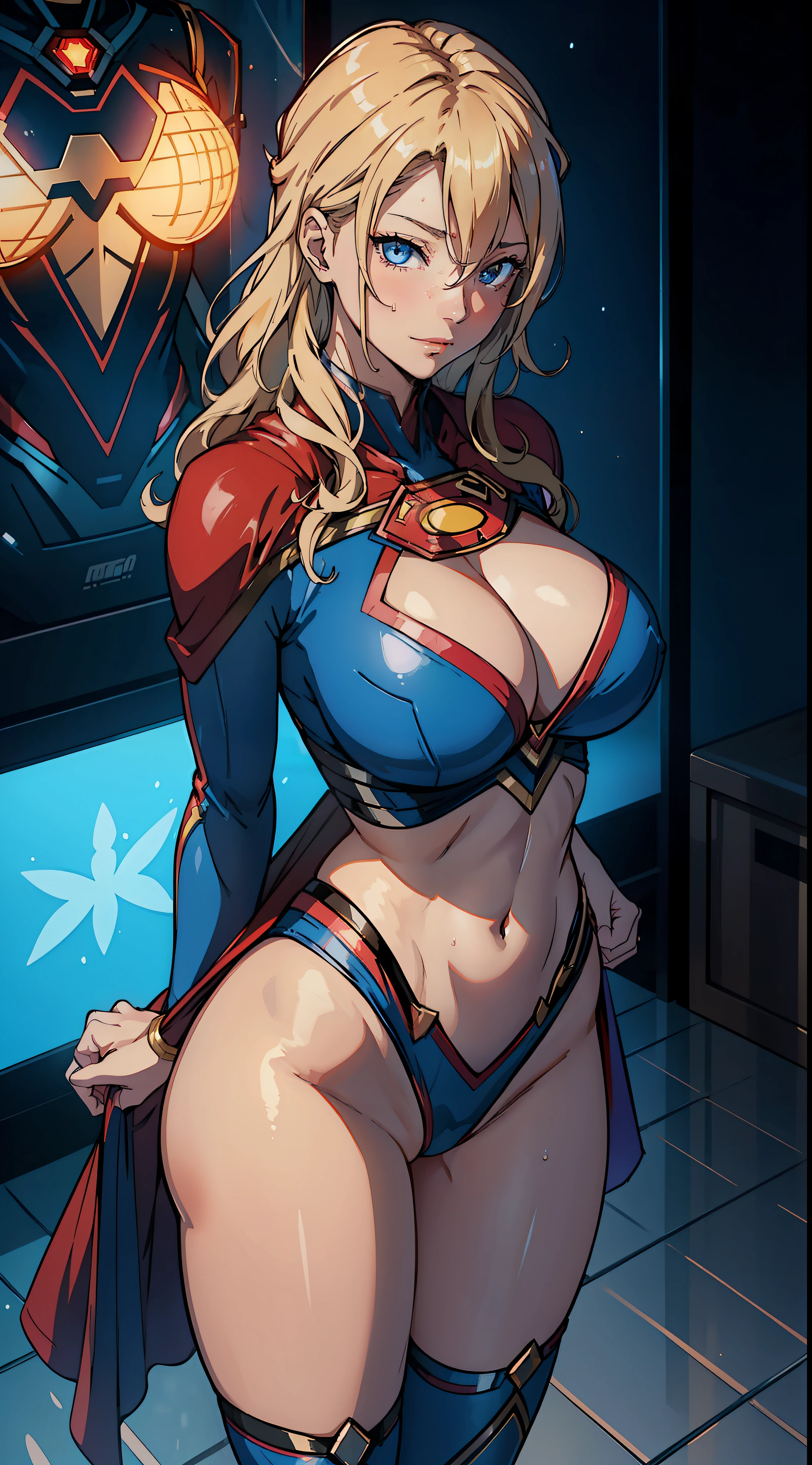 1female，35yo，Huge breasts， 独奏， Supergirl，Superman uniform，Dressed in blue cyberpunk style，red capelet，比基尼， Beautiful legs and buttocks ，the ocean，  She has long flowing blonde hair， ，Sateen，Bigchest， From the front side， Wet straight hair， Sweating profusely，mostly cloudy sky，（tmasterpiece），（Very detailed CG unity 8K wallpaper），best qualtiy，cinmatic lighting，detailed back ground，beatiful detailed eyes，Bright pupils，（Very fine and beautiful），（Beautiful and detailed eye description），ultra - detailed，facing at camera，A high resolution，ultra - detailed），Very long hair，standing on your feet，Emotive expressions，Smile，Chest sagging，Camel toes，with no underpants，extremely large bosom，Extremely colorful，Most detailed，fully body photo，The face is well lit