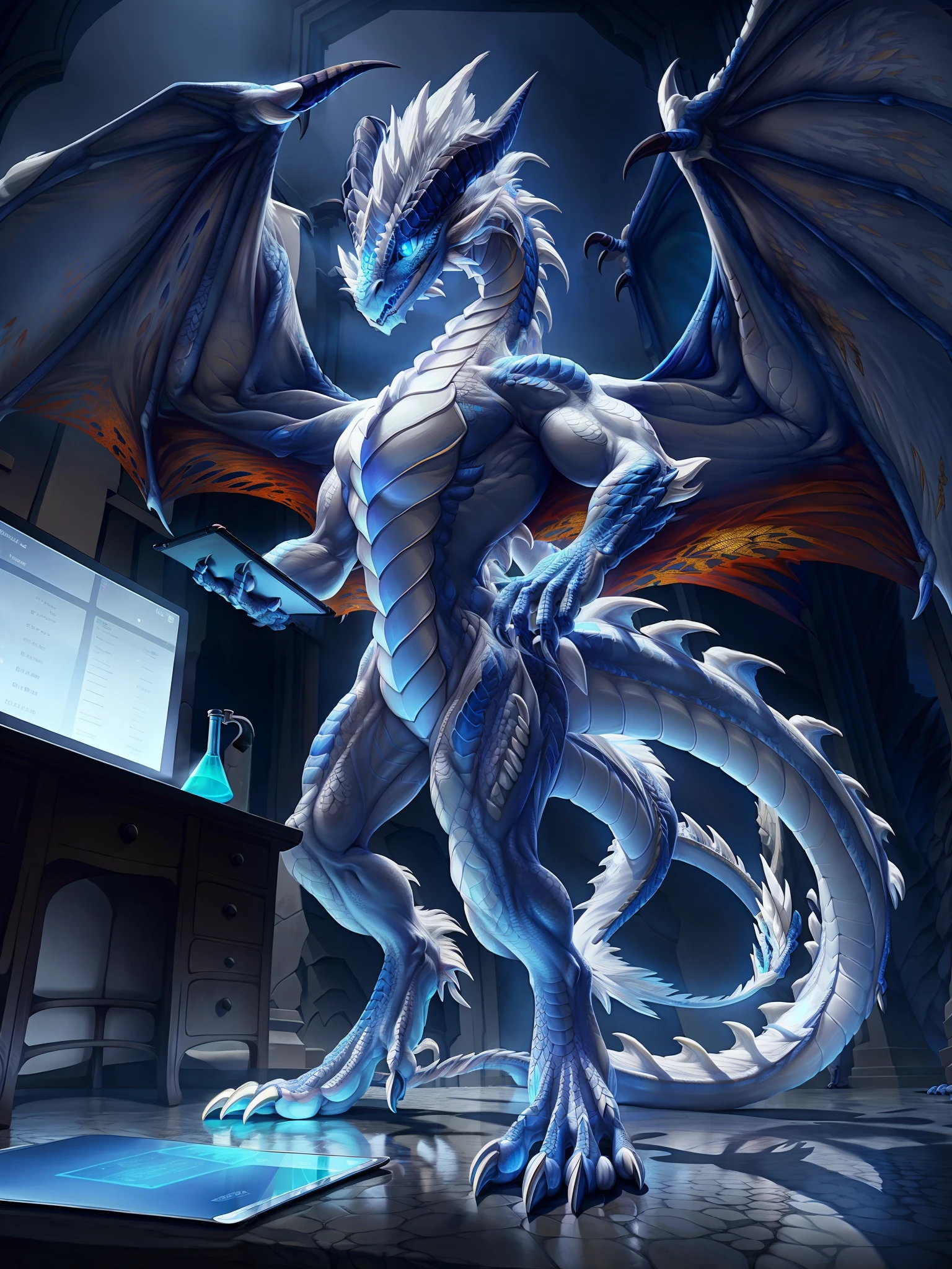 drak，Dragon tail，faucet，Dragon claws，Dragon's horn，The body is mainly white，filigree，Only wearing a white coat，finely detailed paws，ssmile，Wearing a white coat，Hold the tablet，In the lab，ambient lights，Blue vertical pupils，full bodyesbian，White dragon wings，Fine scales，A detailed，extremely detaile，Ray traching，Fine shadows，The best shadow，tmasterpiece，8k，High- sharpness，Ultra-detailed and ultra-high image quality，standing on your feet，immensity，Height 500