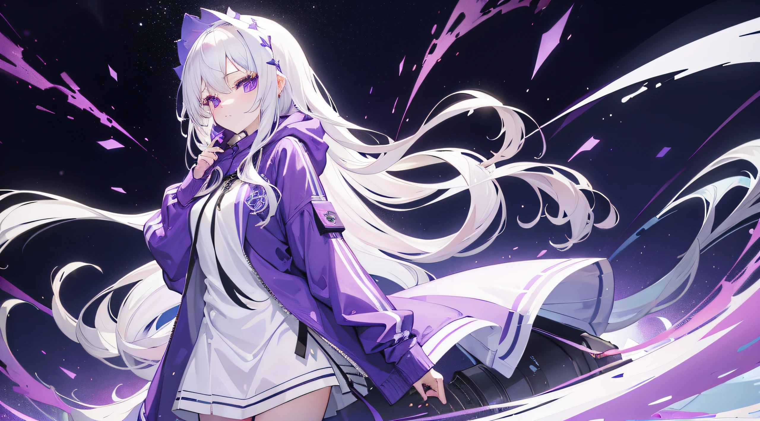 1girl, long white hair, purple eyes, wearing a hoodie, long skirt, school, absurdres, high res, ultrasharp, 8K, masterpiece, looking at viewer