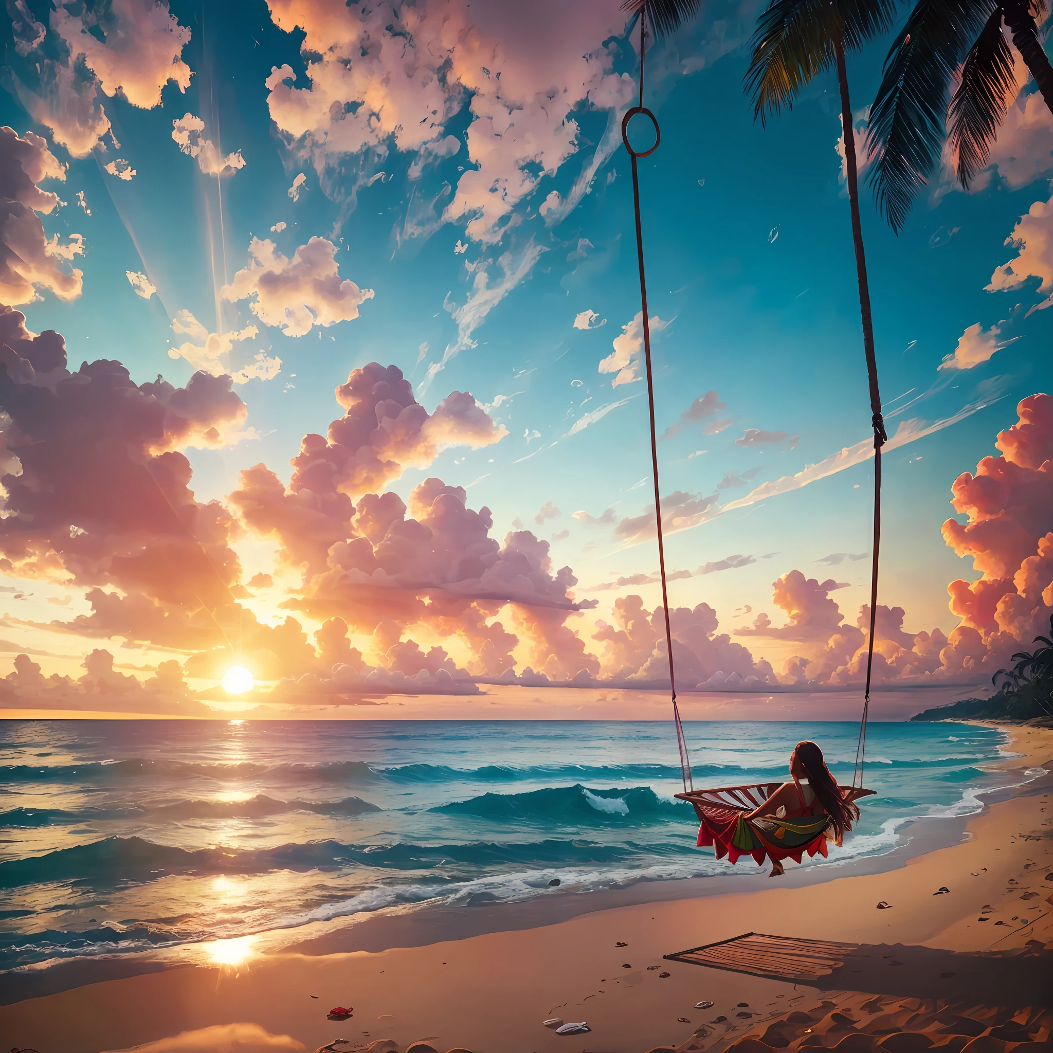 imagem, qualidade, perfeita, sun sunset, Paradisiacal beach, heaven, tons de laranja, rosa, roxo, sol, horizonte, brilho dourado, areia, praia, branca, macia, mar, calmo, tonalidades de azul, turquesa, verde, palmeiras, folhas, Swinging, vento, gaivotas, heaven, nitidez, detalhes, nuvens, textura, serenidade, beleza, tranquilidade, natureza. --auto