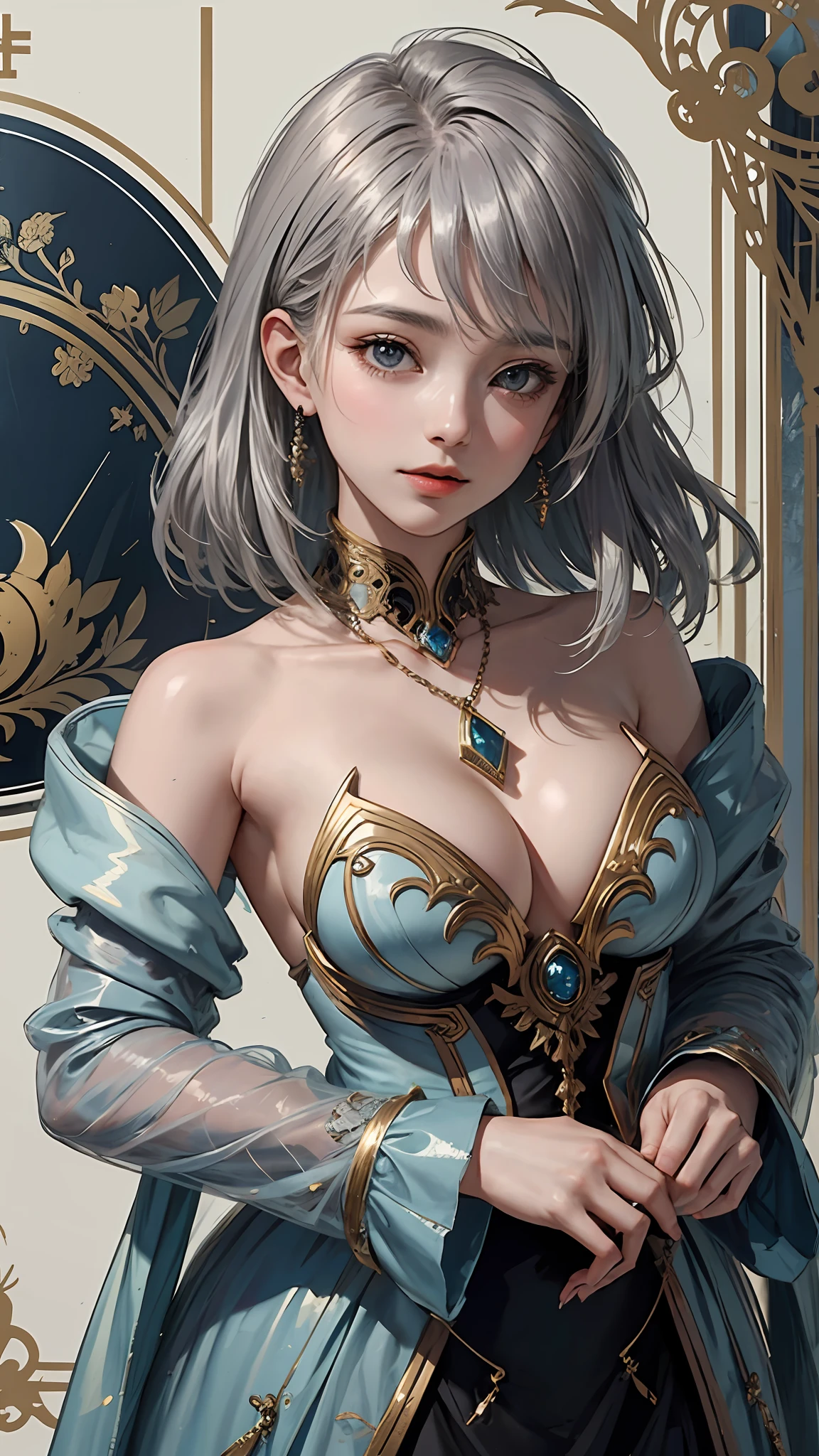 Anthropomorphic Gemstone Diamond、(​masterpiece、top-quality、top-quality)、(((Beautiful anime style girl、)))、28 year old、oversize model、((((beutiful breast)))、((Silvery hair)))、silver eye、hairstyle is short bob、Hair is straight、Extreme details、colourfull、Groism、Birthstone Diamond Image Frame、Art concept art by Can Riffis and Vadimukasin、Ethereal、Bold poses、flawless、Pure form、the golden ratio、Khan Griffith、Wadim Kashin、john william waterhouse、abstract  art、 (​masterpiece、top-quality、hight resolution: 1.4)、More about realism、color splashes、line-drawing、Fibonacci、concept-art、foco nítido、illustratio、Art by Alphonse Mucha、Tarot Cards、Sexual References