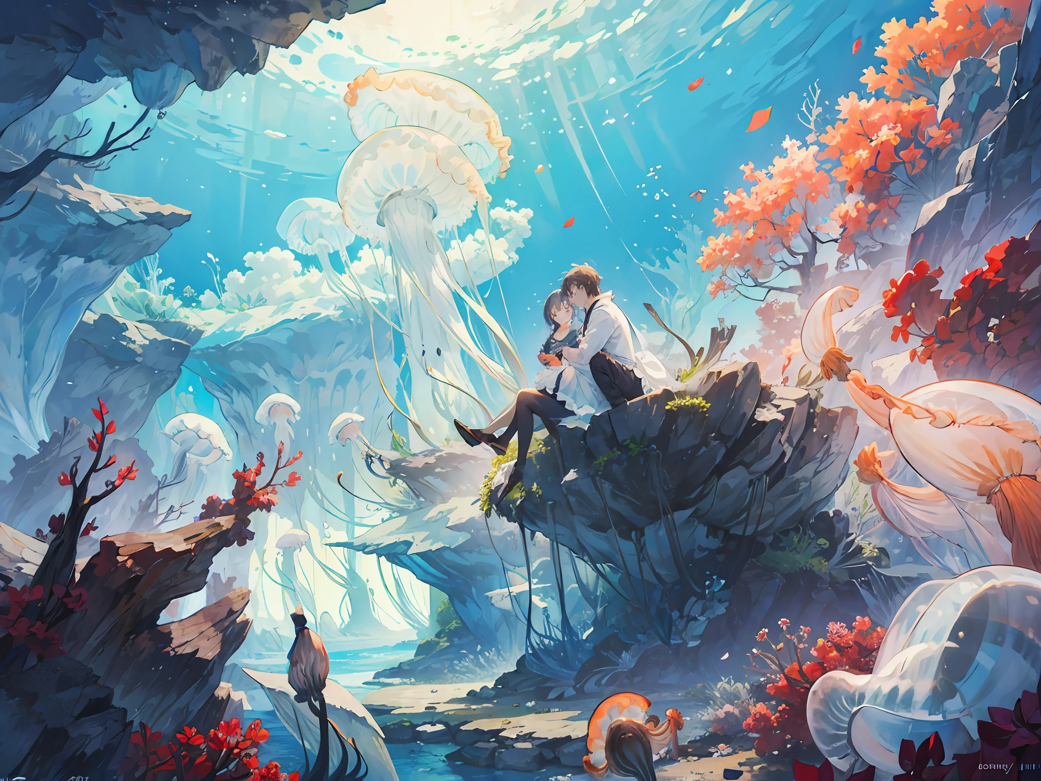 A scene of best quality, masutepiece, Very detailed, 8K, wallpaper and fantasy quality, BREAK showing undersea environment, BREAK where (a young couple :1.8), (many jellyfishes :1.4) And (fishes :1.2) are present, Resting couple sitting on a rock at the bottom of the sea、They stare at each other, BREAK with cool colors, cold color, Calm atmosphere, Wide Shot, 28mm and bird's eye view effects.Detailed faces.[[[Broken face]]]],[[[[Crushed eyes]]]]
