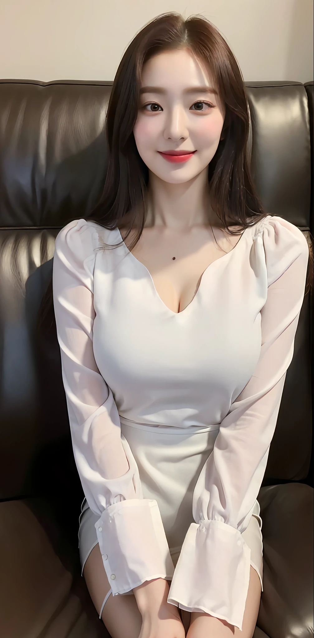 ((Best quality, 8k, Masterpiece :1.3)), 1girl, beautiful woman with emphasis on plump abs: 1.3, (dark brown hair, big breasts: 1.2), (white blouse, sitting on the couch :1.2), ultra-delicate face, delicate eyes, double eyelids, smile, home,