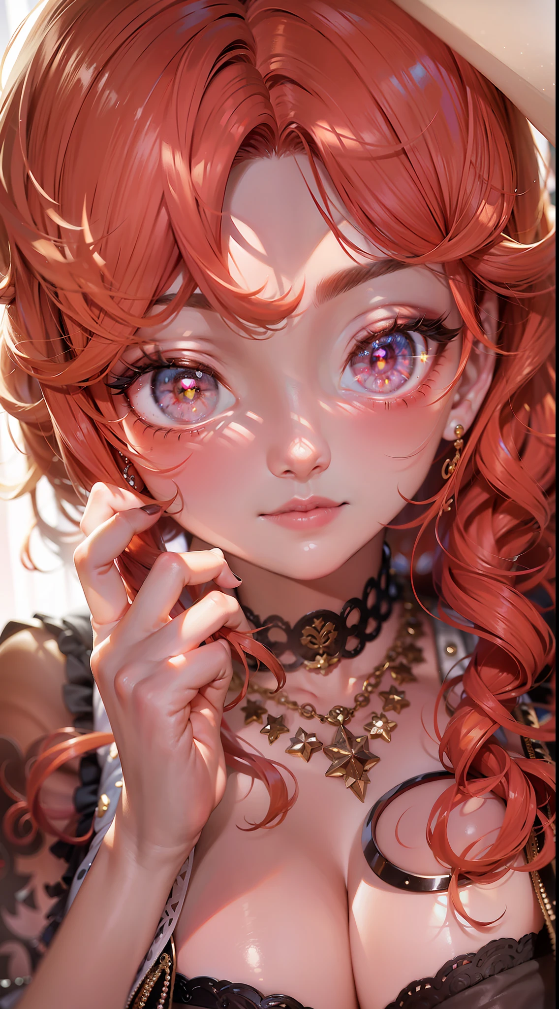 Red hair, ahoge, Curly hair, hair on one eye, bead necklace, black hair band, Moles under eyes, Heart-shaped pupils, Blush, disdain, Anime, Social realism, Cinematic lighting, Sparkle, hyper HD, Masterpiece, ccurate, Anatomically correct, Textured skin, Super detail, High details, High quality, Best quality, A high resolution, 8K