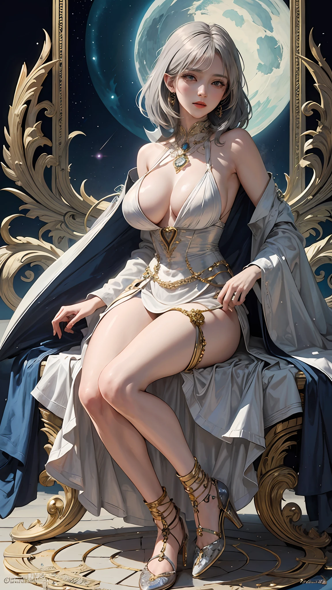 Anthropomorphic Gemstone Diamond、(​masterpiece、top-quality、top-quality)、(((Beautiful anime style girl、)))、28 year old、oversize model、((((beutiful breast)))、((Silvery hair)))、silver eye、hairstyle is short bob、Hair is straight、Extreme details、colourfull、Groism、Birthstone Diamond Image Frame、Art concept art by Can Riffis and Vadimukasin、Ethereal、Bold poses、flawless、Pure form、the golden ratio、Khan Griffith、Wadim Kashin、john william waterhouse、abstract  art、 (​masterpiece、top-quality、hight resolution: 1.4)、More about realism、color splashes、line-drawing、Fibonacci、concept-art、foco nítido、illustratio、Art by Alphonse Mucha、Tarot Cards、Sexual References