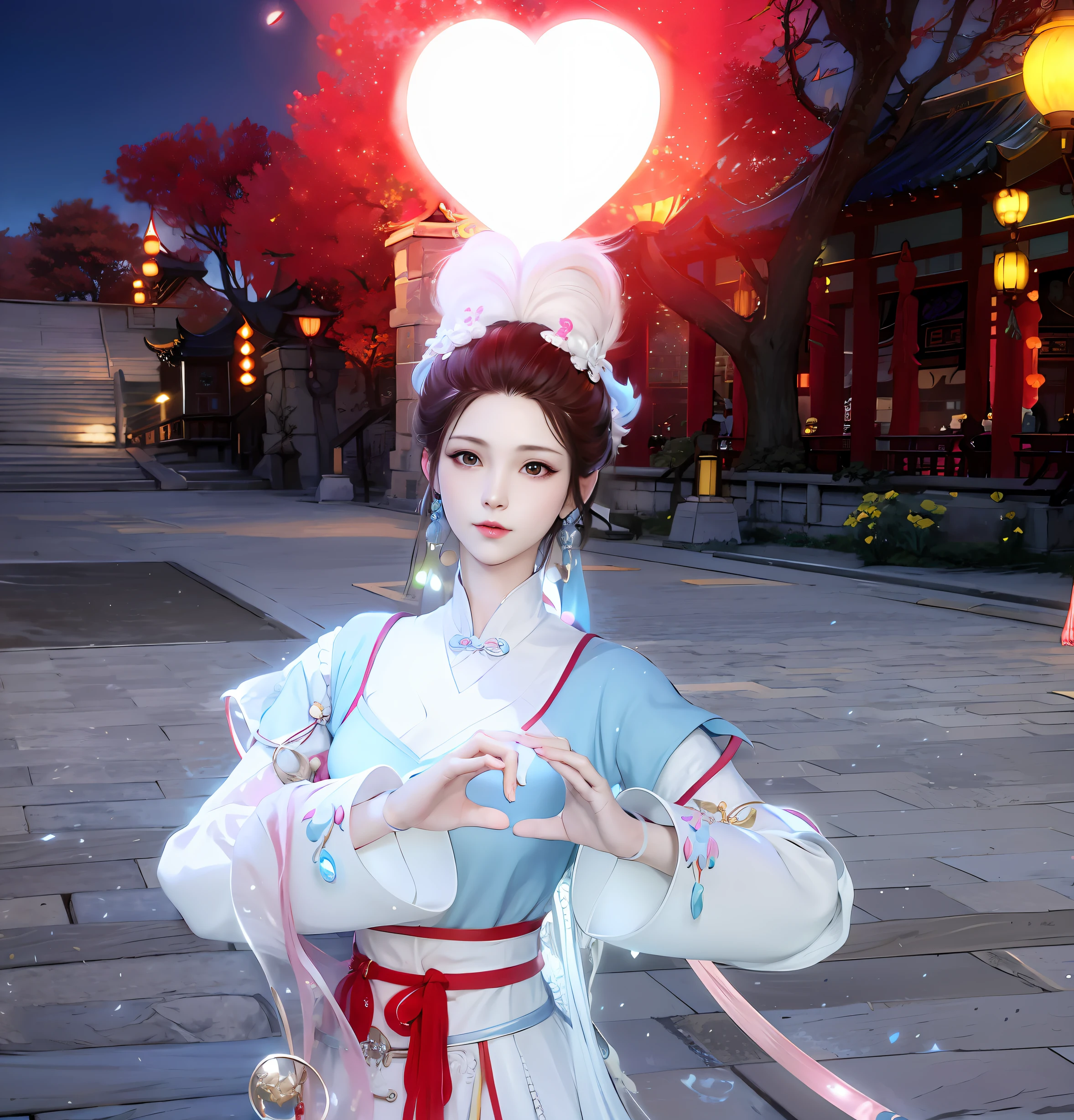 There was a woman in a water blue suit，There is a red light hanging over the head(In the shape of a heart), Be in the middle of long streets and alleys ， A girl in Hanfu, inspired by Luo Mu, full-body xianxia, lunar themed attire, Chinese costume, White Hanfu, Inspired by Lan Ying, inspired by Park Hua, inspired by Li Mei-shu, Inspired by Qiu Ying, Inspired by Huang Ji