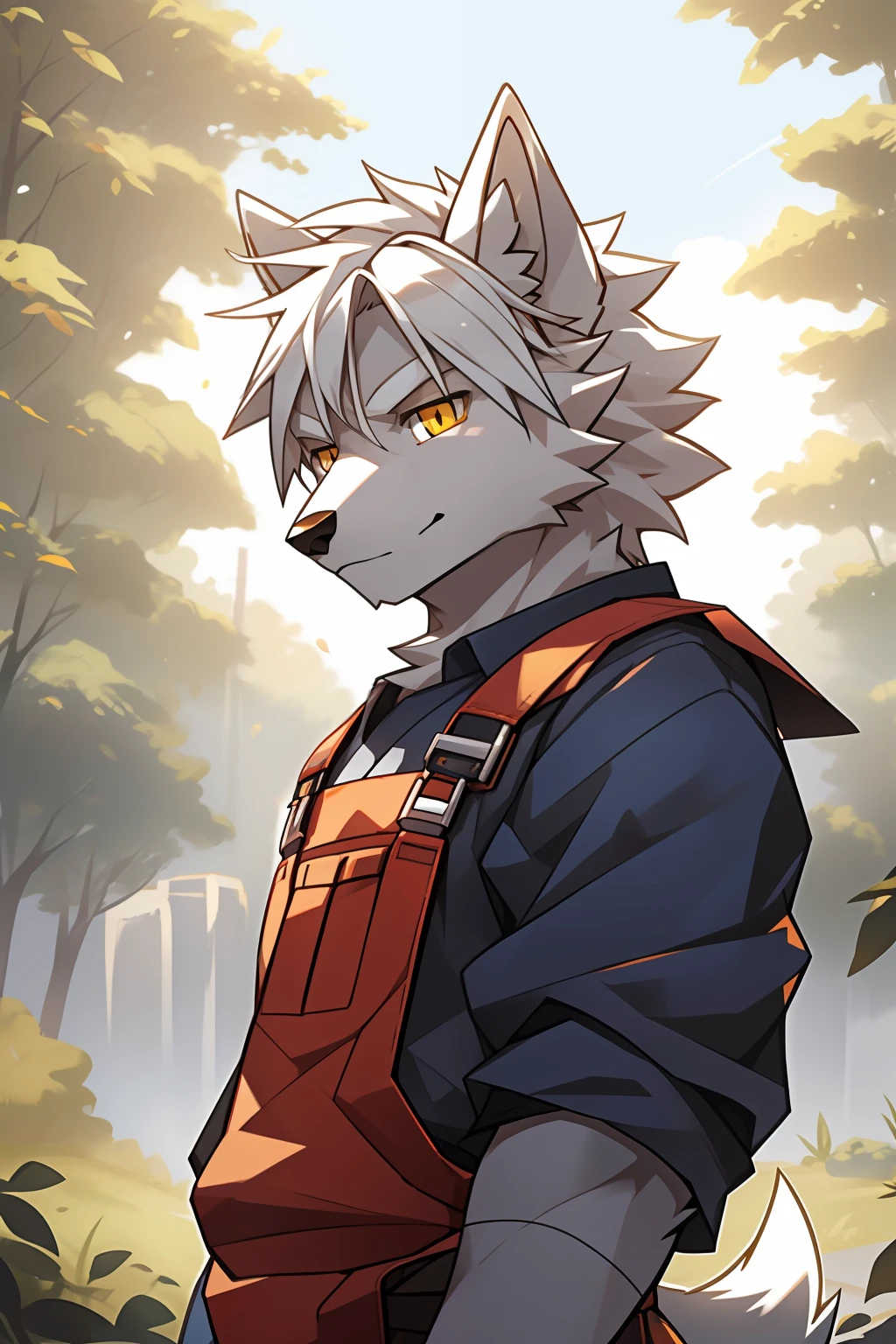 suburb,naturey,solo person,White body,White ears,White hair,Overall white,Orange-yellow eyes,Wolf tail,Wolf orcs,young,Wear a short-sleeved shirt,Ultra-clear screen,Soft lines