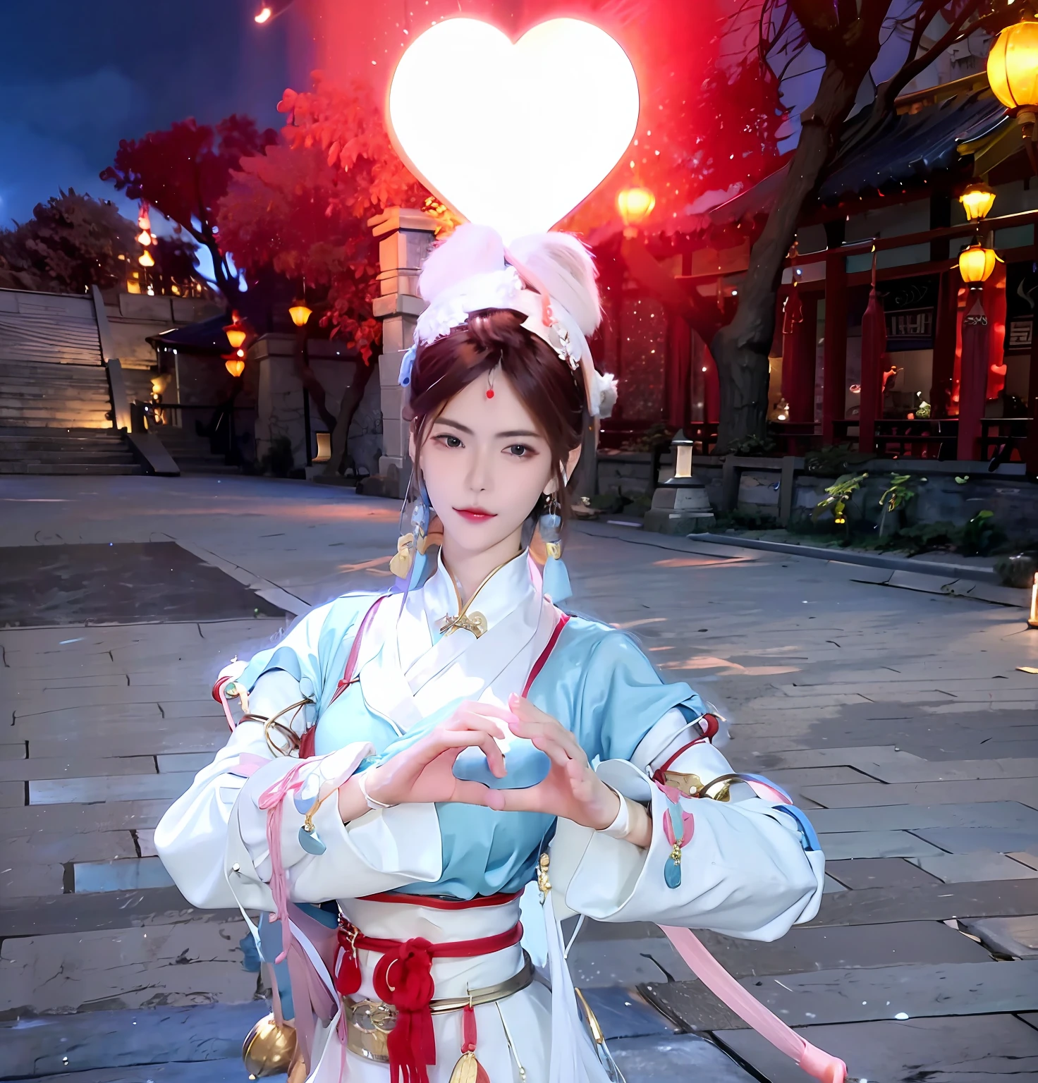 There was a woman in an aqua blue suit，There is a red light hanging over the head(Heart-shaped), Located in the middle of long streets and alleys ， A girl in Hanfu, The skin is natural and real，Typical Asian skin spirit，The feeling comes from Luo Mu, full-body xianxia, lunar themed attire, Chinese costume, White Hanfu, Inspired by Lan Ying, inspired by Park Hua, inspired by Li Mei-shu, Inspired by Qiu Ying, Inspired by Huang Ji