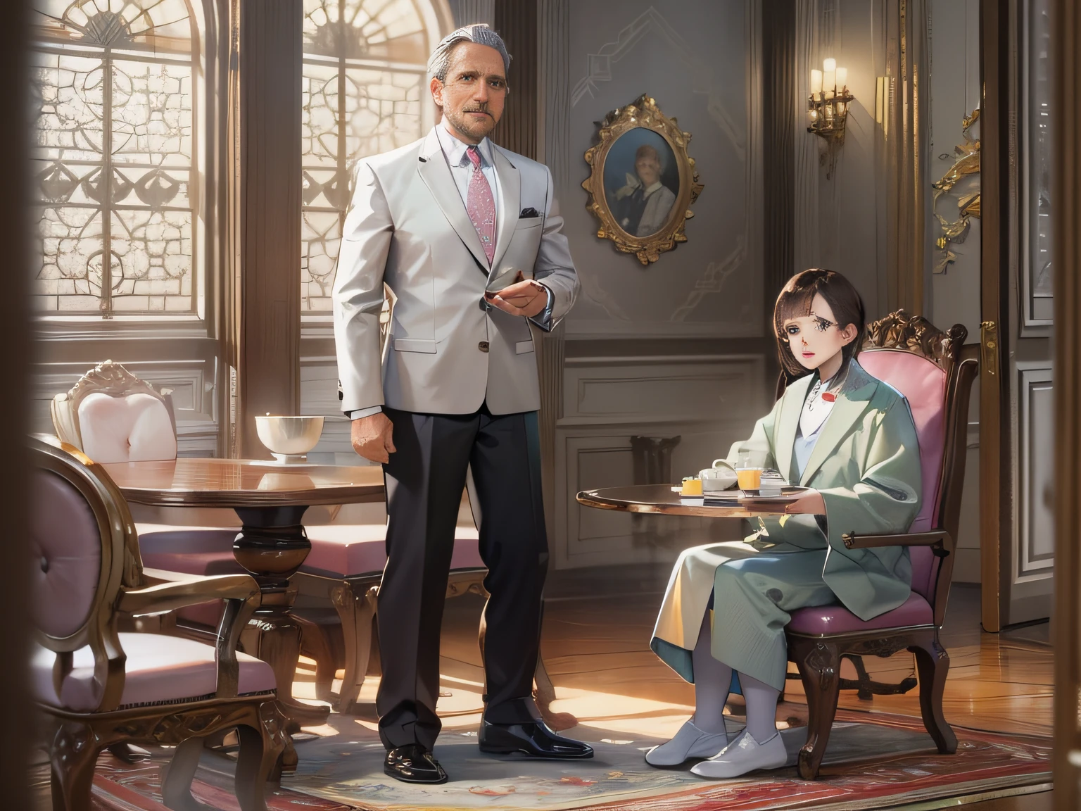 age 55，with short brown hair、A middle-aged man in a silver Tang suit，a chair，dining room，grand master，tmasterpiece，8k wallpaper，CG，Ultra-high image quality，light and shadow effect