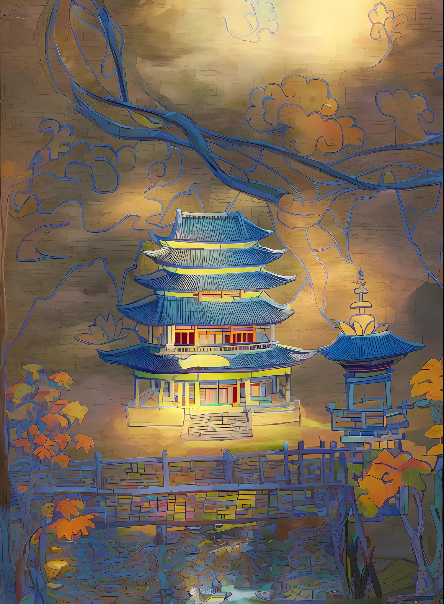 Pagoda diagram with ponds and bridges, digital painting of a pagoda, Inspired by Yang Buzhi, background depicting a temple, inspired by Shen Shichong, inspired by Katsukawa Shunchō, inspired by Katsukawa Shunsen, Chinese style painting, inspired by Katsukawa Shunkō I