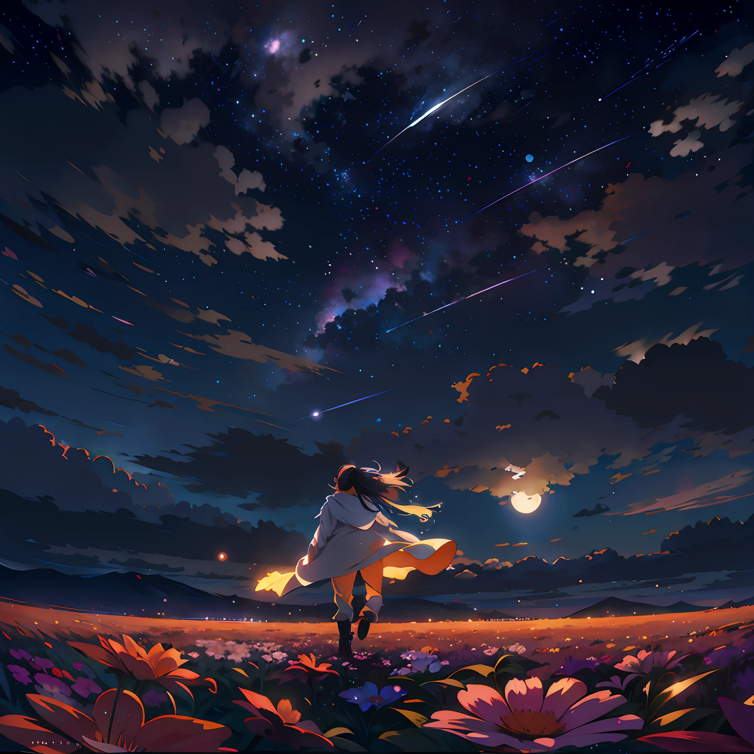 ****** anime em um campo de flores olhando para as estrelas, Anime Art Wallpaper 8K, Anime Art Wallpaper 4K, Anime Art Wallpaper 4K, Papel de parede anime 4k, 4k anime wallpapers, Anime Wallpaper 4k, cosmic skies. por makoto shinkai, Makoto Shinkai Cirilo Rolando, paper awesome wallpaper, anime wallpaper, bela arte de anime