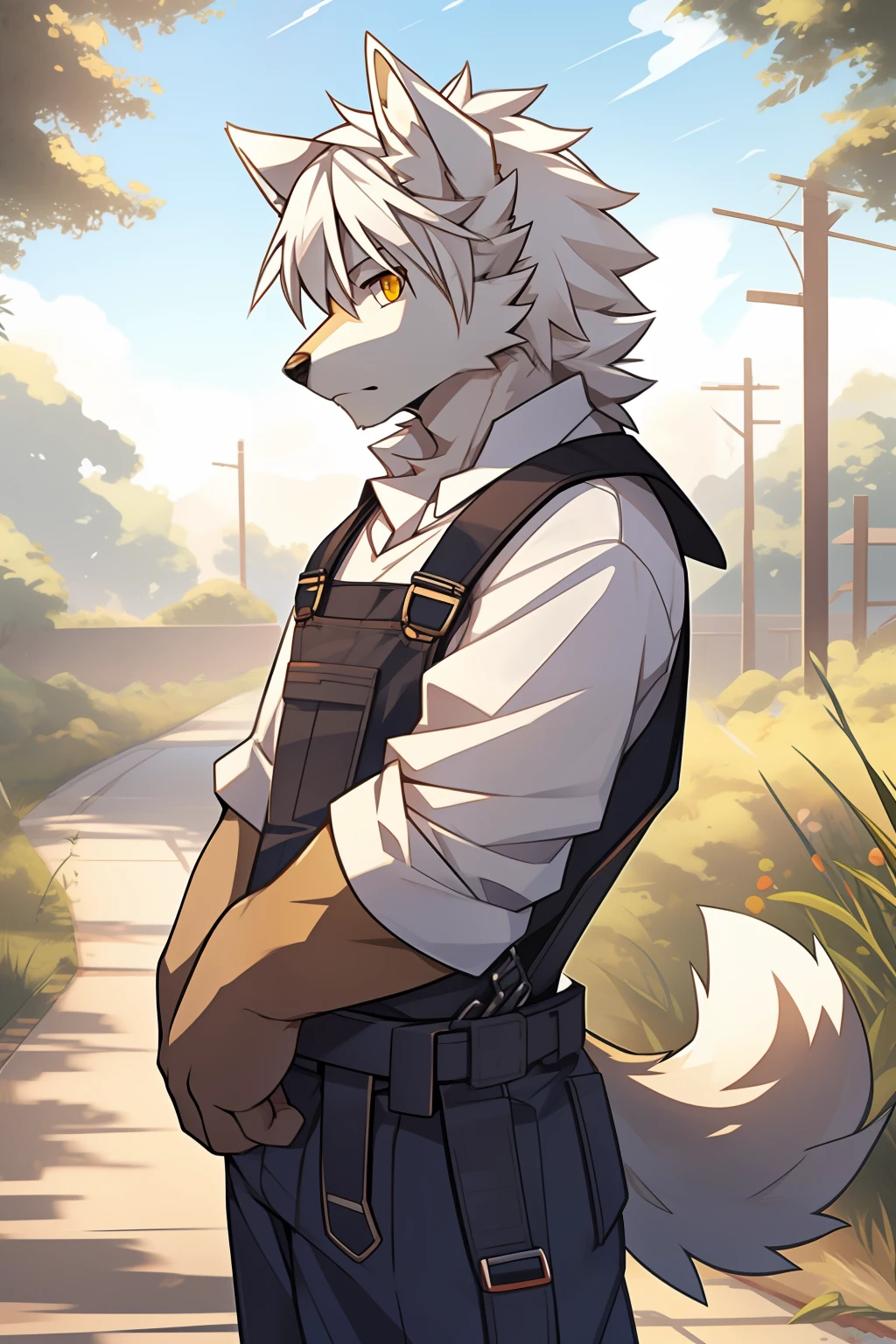 suburb，naturey，solo person，White body，White ears，White hair，Overall white，Orange-yellow eyes，Wolf tail，Wolf orcs，young，Wear a short-sleeved shirt，Ultra-clear screen，Soft lines