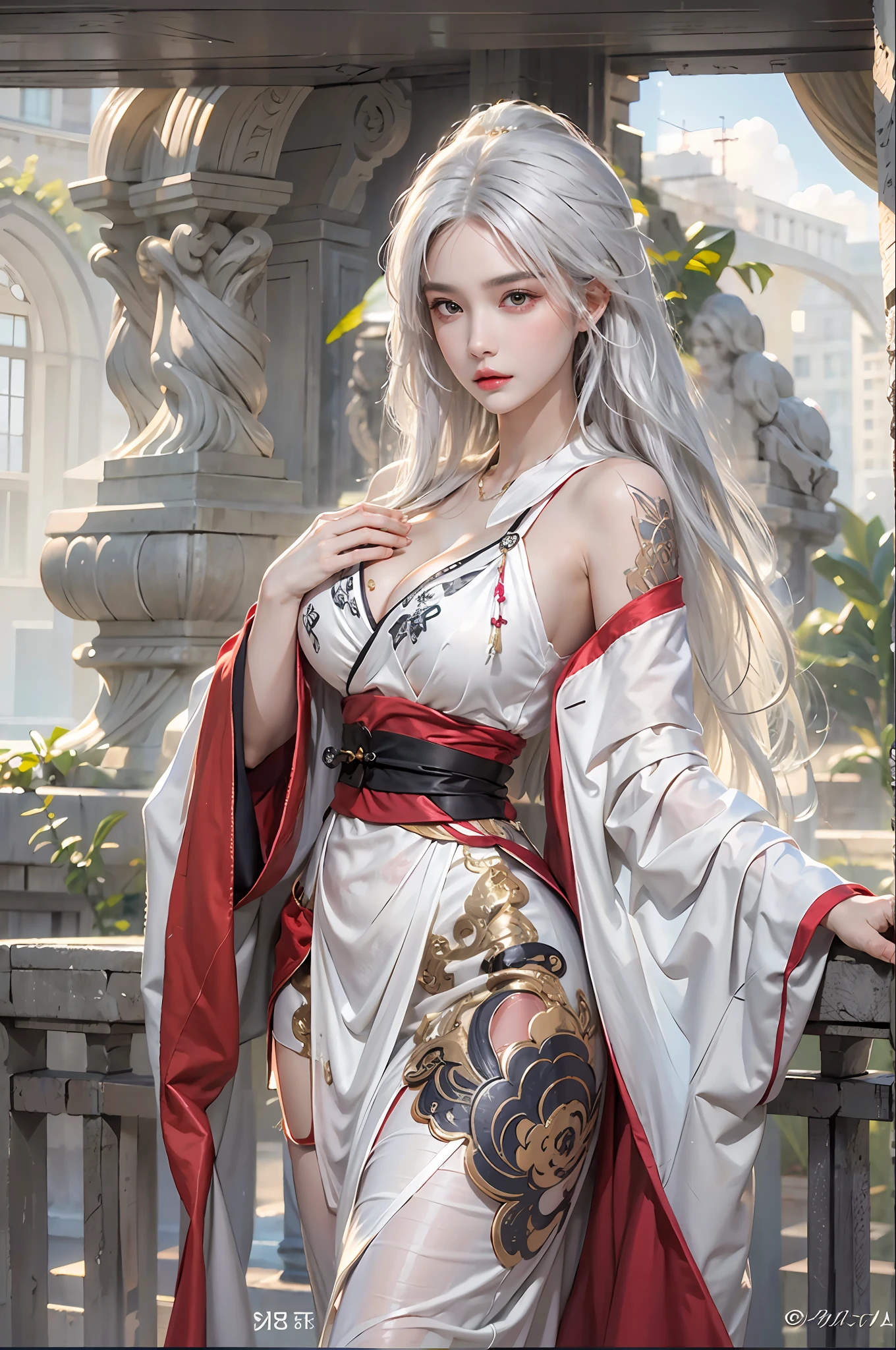 Photorealistic, high resolution, 1womanl, Solo, huge tit,Hips up, view the viewer, (Detailed face), White hair, Long hair, taoist robe,Oversized clothes, jewelry，slim toned body，crisp breasts