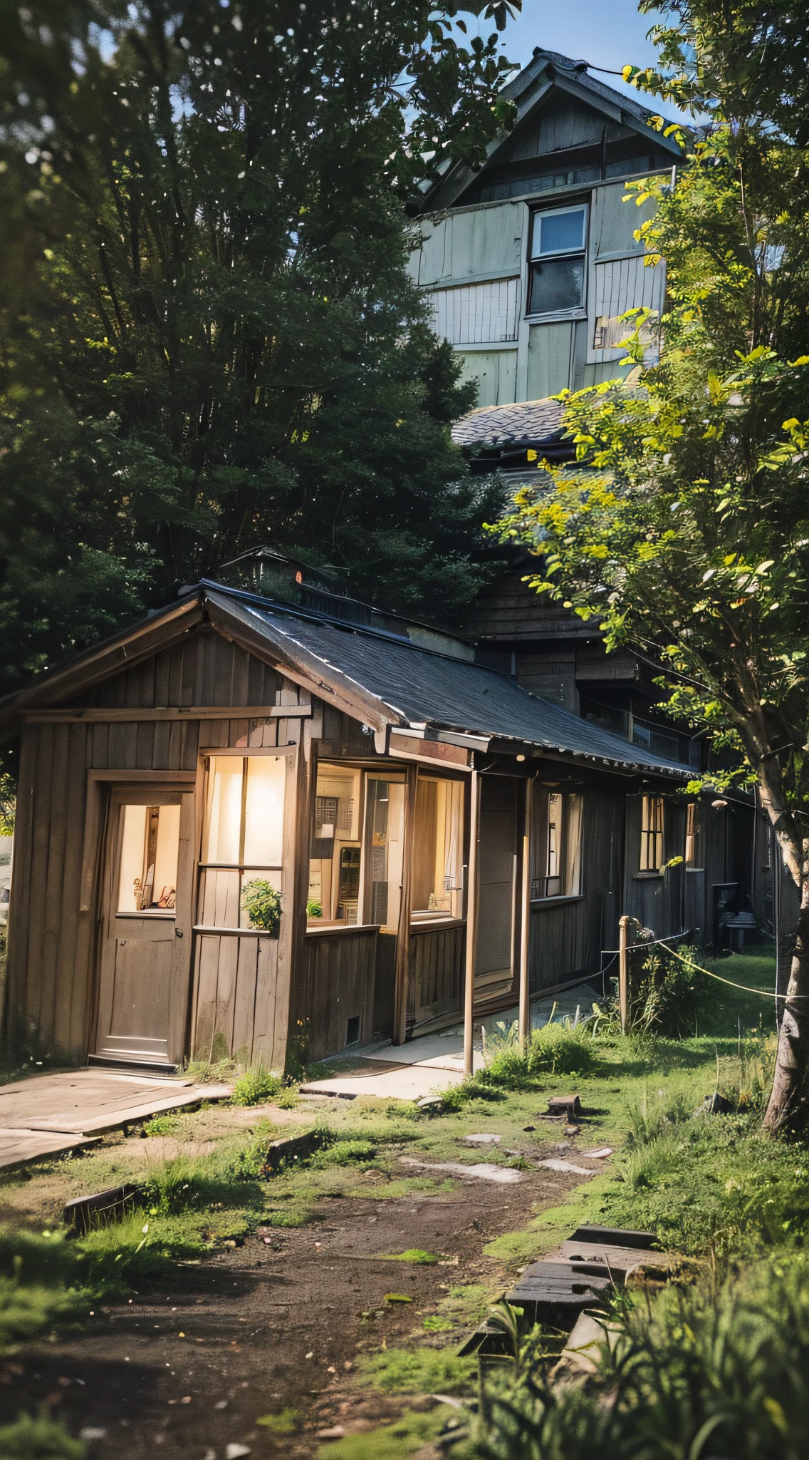 ((Very dark))、Dense trees々Surrounded by、２ｍA winding road.、((Pitch black night))、((Houses lined up on one side of the road))、((All one-story houses)),((All on one floor))、Single-storey、Single-storey、bungalow、(１The width of one building is３As small as a meter１Floory wooden house),Buildings are crowded together、１Floory shabby house、Decaying house、The roof is thatched、One of them has a small dirty glass window.、A faint light bulb from the back of the house.、Wooden door on the right side of the window glass、In the dense forest、murky、One-story house