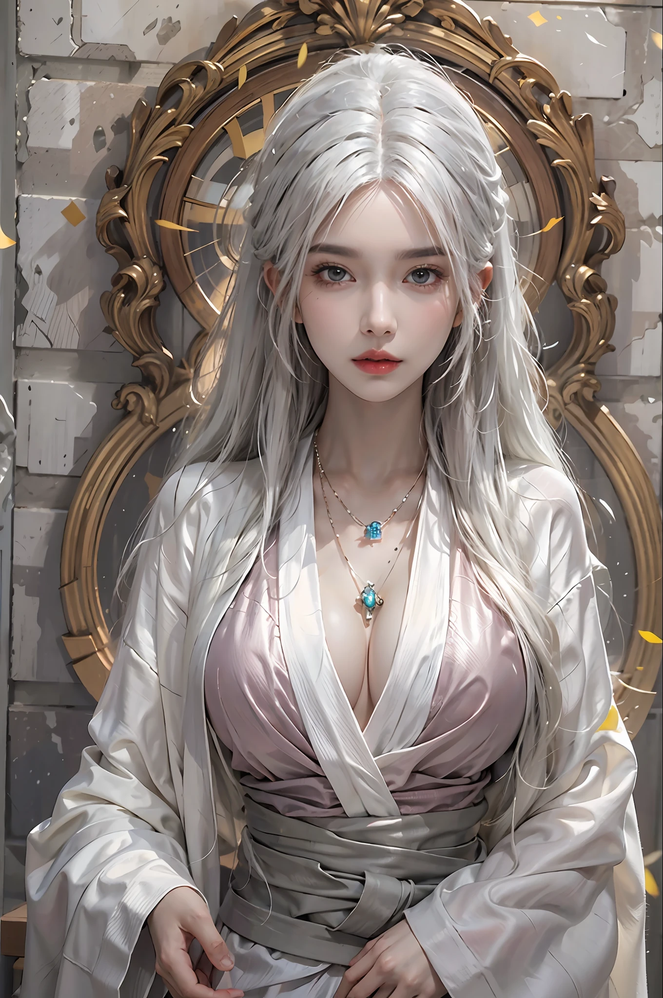 Photorealistic, high resolution, 1womanl, Solo, huge tit,Hips up, view the viewer, (Detailed face), White hair, Long hair, taoist robe,Oversized clothes, jewelry，slim toned body，crisp breasts