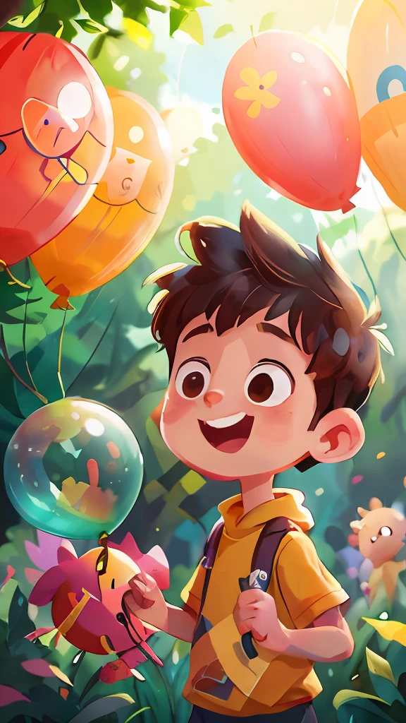 A boy, zoo, many balloons, happy, happy, perfect quality, clear focus (clutter - home: 0.8), (masterpiece: 1.2) (realistic: 1.2) (bokeh) (best quality) (detailed skin: 1.3) (intricate details) (8K) (detail eyes) (sharp focus), (happy)