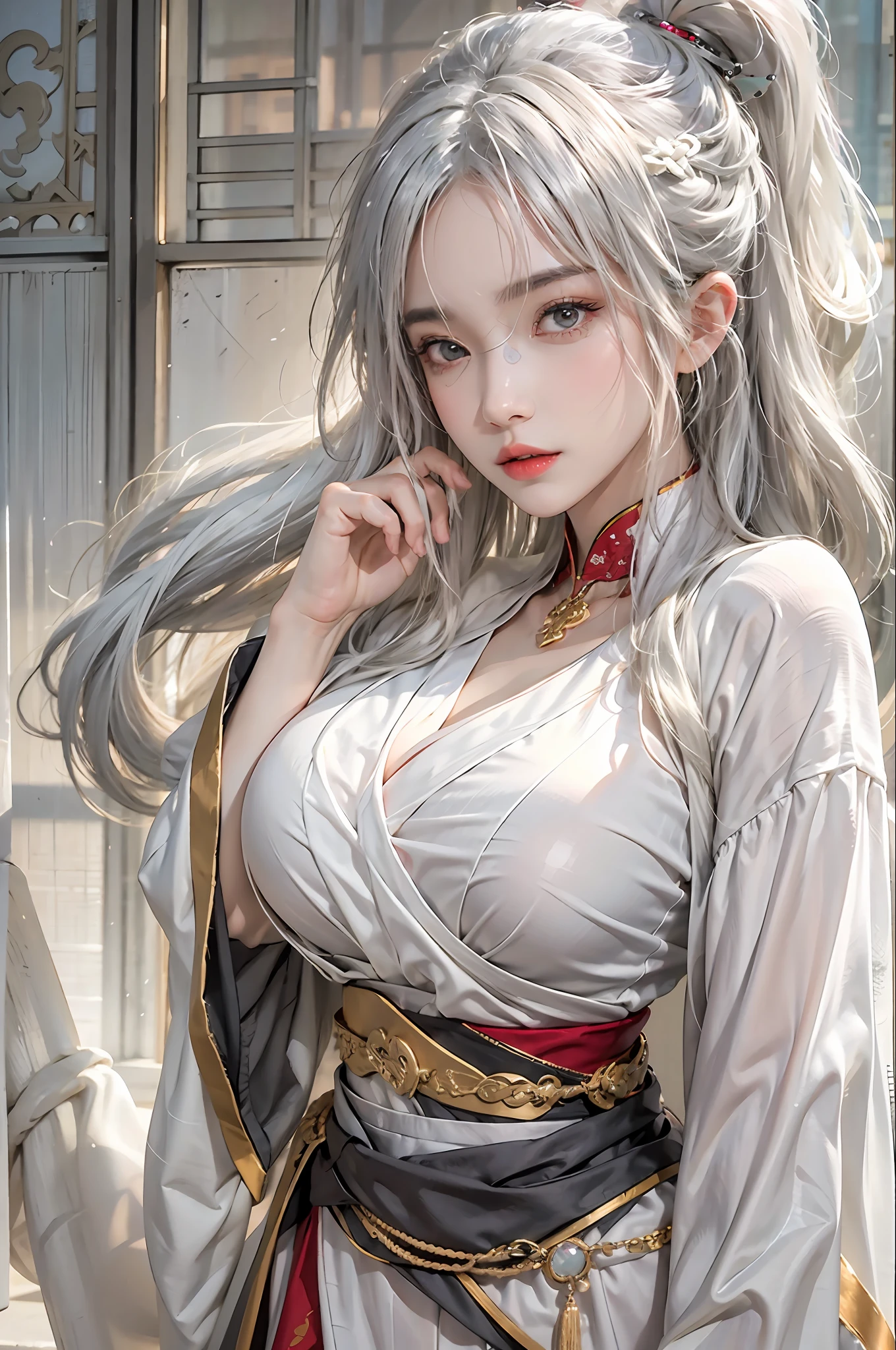 Photorealistic, high resolution, 1womanl, Solo, huge tit,Hips up, view the viewer, (Detailed face), White hair, Long hair, taoist robe,Oversized clothes, jewelry，slim toned body，crisp breasts