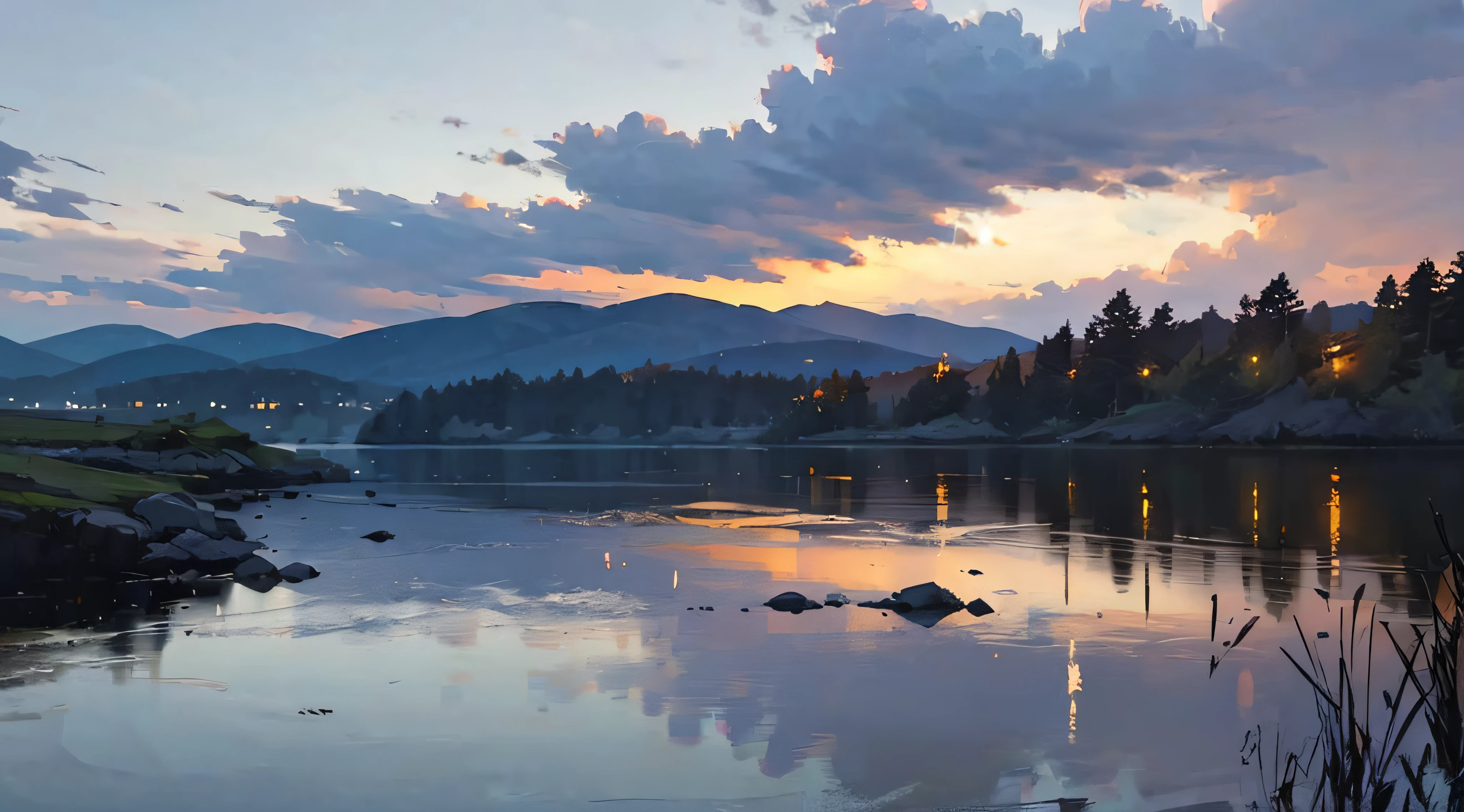 Summer, meadows, a few small flowers, clear lakes, heaven, large clouds, blue sky, hot weather, HD detail, hyper-detail, cinematic, soft light, deep field focus bokeh