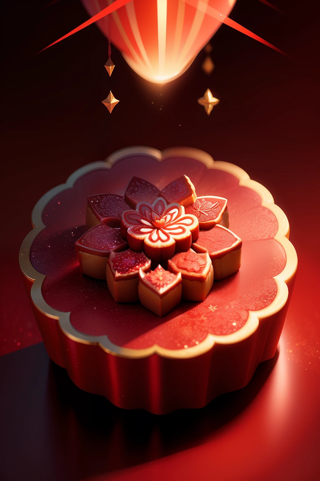Chinese mooncakes, Red tones,high brightness,fanciful, galaxias, cleanness, glittery, glittery, splendor, Colorful, Amazing photography, dramatic lighting, photo-realism, ultra - detailed, 4k, depth of fields, A high resolution