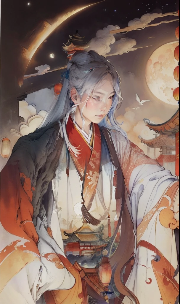 Ancient Chinese landscapes,Ancient buildings,Pavilions,Carved beams and paintings,enchanting scenery,Night,Moon light,Layered, Rich light and shadow,Mid-Autumn Festival, Ink painting style,clean color,Low-saturation colors,Colors of low brightness,Decisive cut,Leave white space,impressionistic,tmasterpiece,ultra - detailed,Epic composition, HighestQuali,hyper realisitc,Art germ --v 6