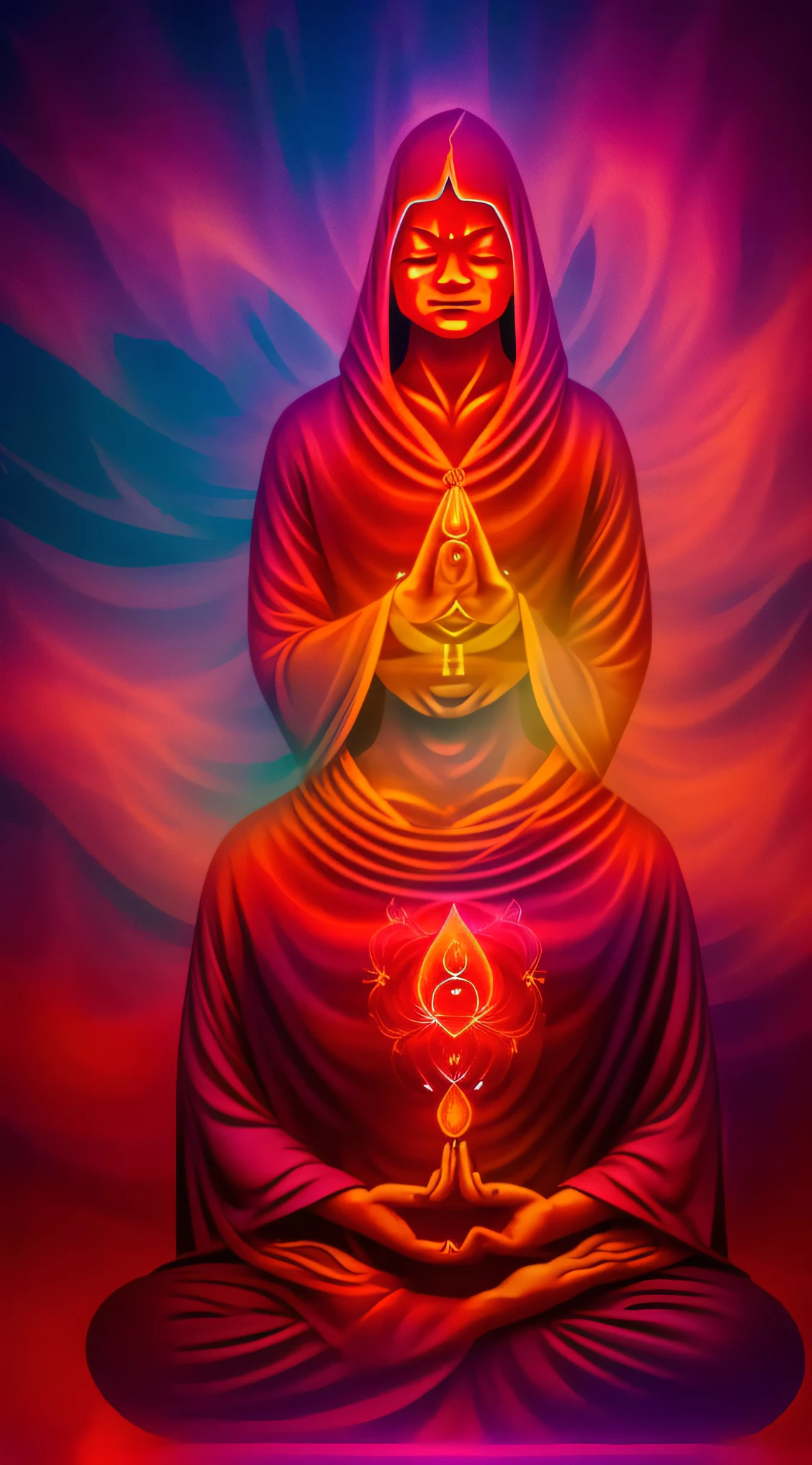 (person meditating cloaked in a red aura:1.5), incorporate symbolic elements representing the root chakra, muladhara, using vibrant, ethereal colors.