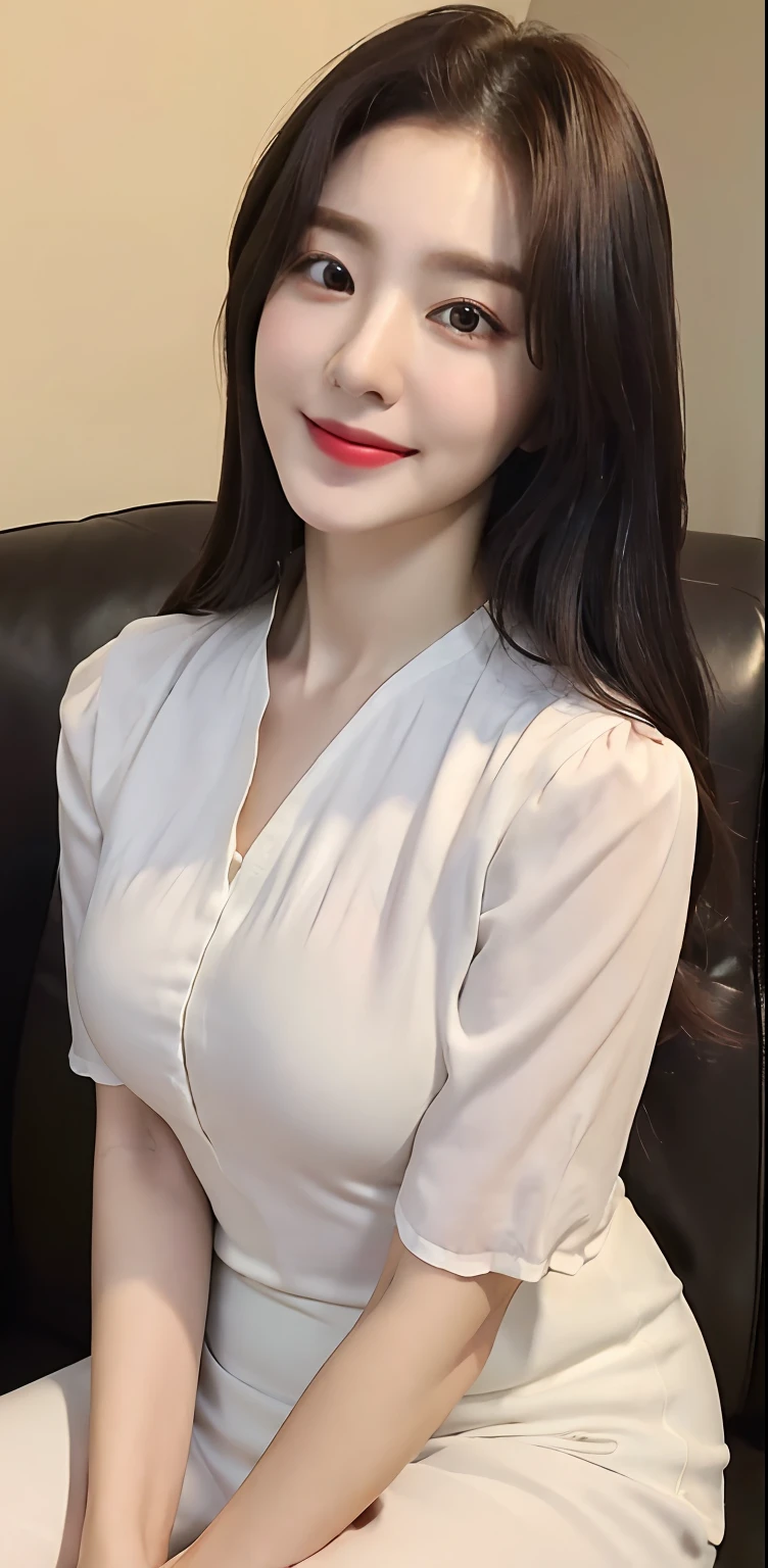 ((Best quality, 8k, Masterpiece :1.3)), 1girl, beautiful woman with emphasis on plump abs: 1.3, (dark brown hair, big breasts: 1.2), (white blouse, sitting on the couch :1.2), ultra-delicate face, delicate eyes, double eyelids, smile, home,