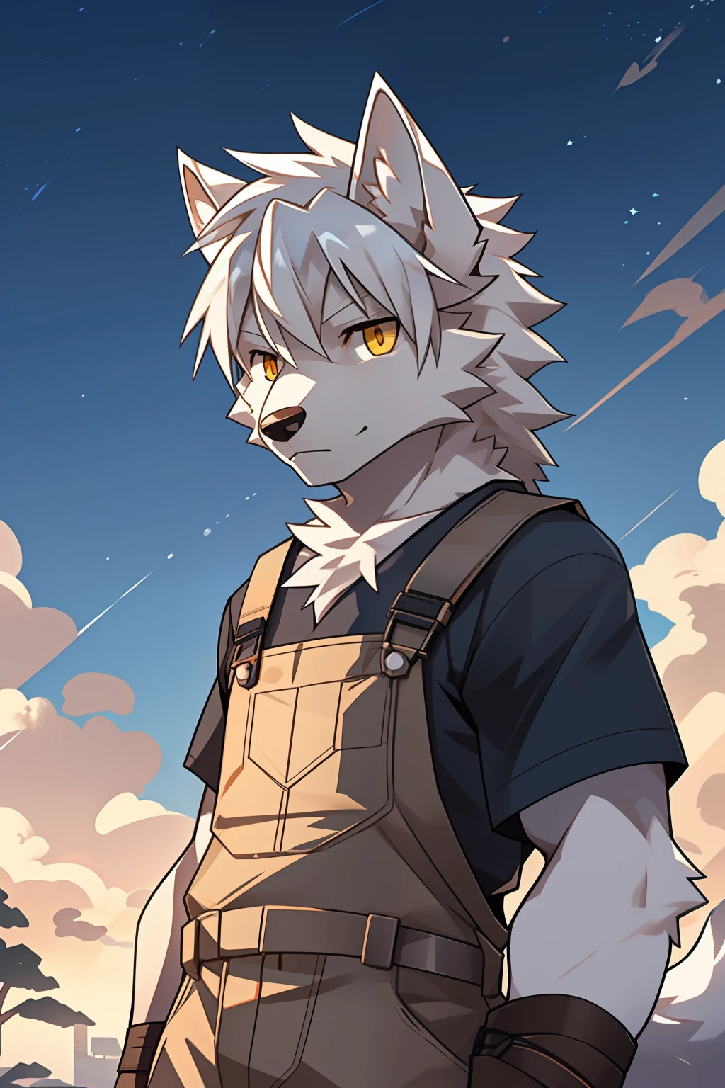 suburb，naturey，solo person，White body，White ears，White hair，Overall white，Orange-yellow eyes，Wolf tail，Wolf orcs，young，Wear a short-sleeved shirt，Ultra-clear screen，Soft lines