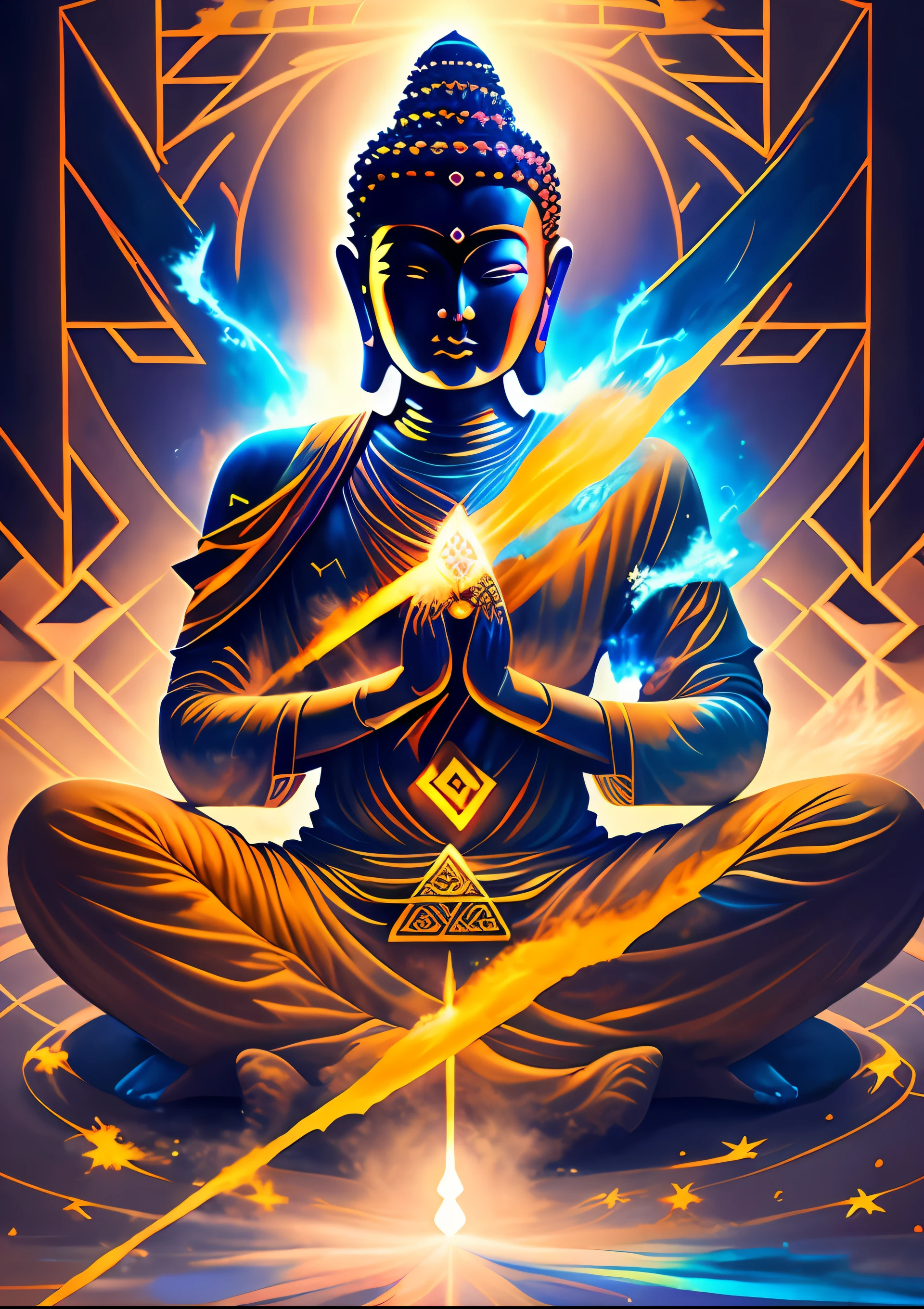 (Maitreya sitting meditation in 5th dimension world with buddha ((swastika:1)) symbol on the chest), meditating in the midst of chaos,  character render, ultra high quality model, ethereal background, abstract beauty, explosive volumetric, oil painting, heavy strokes, paint dripping, 1 man, magic lighting, enlightenment lighting, buddha, (buddha swastika symbol), nirvana,