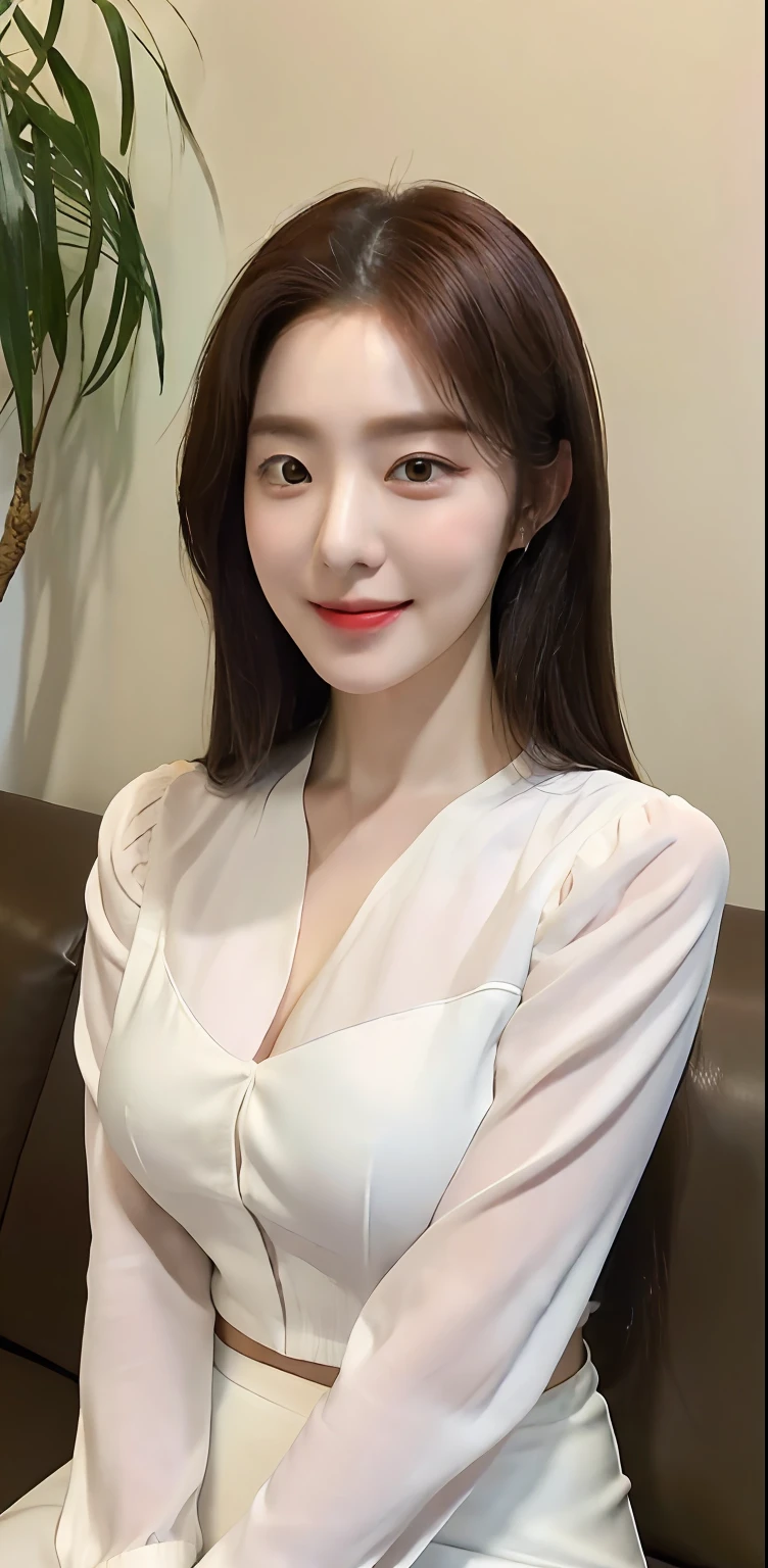 ((Best quality, 8k, Masterpiece :1.3)), 1girl, beautiful woman with emphasis on plump abs: 1.3, (dark brown hair, big breasts: 1.2), (white blouse, sitting on the couch :1.2), ultra-delicate face, delicate eyes, double eyelids, smile, home,
