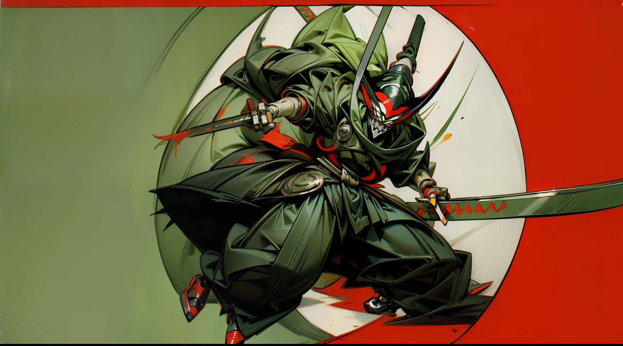 Samurais Mexicano con ropa color verde blanco y rojo tipo tanjiro su katana de metal futurista vegapunk