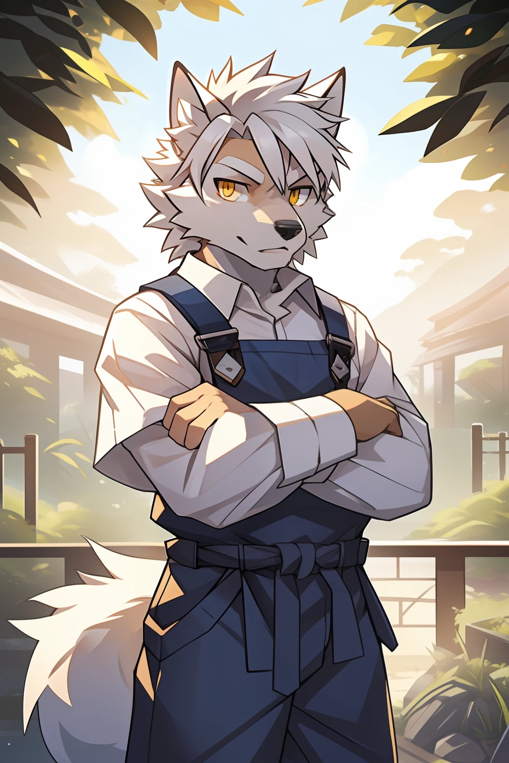 suburb，naturey，solo person，White body，White ears，White hair，Overall white，Orange-yellow eyes，Wolf tail，Wolf orcs，young，Wear a short-sleeved shirt，Ultra-clear screen，Soft lines