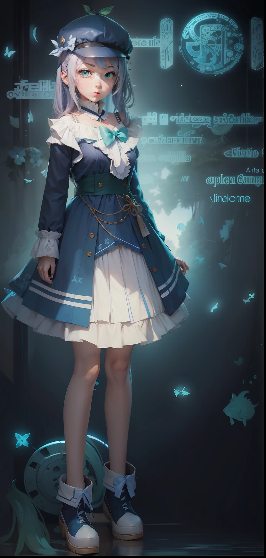 girl, anime, wearing a blue and white dress, salmon hair and green eyes